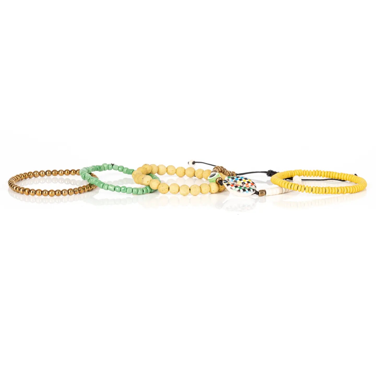 Yellow + Mint Bracelet Stack Heishi Disc Beads, Evil Eye