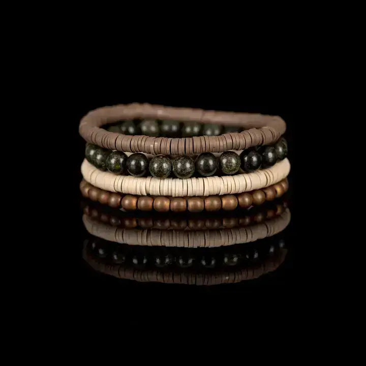Earth-tone multi-layer men’s bracelet set featuring natural stone beads, matte beige disc beads, bronze bead strand, and layered neutral textures on a light background.