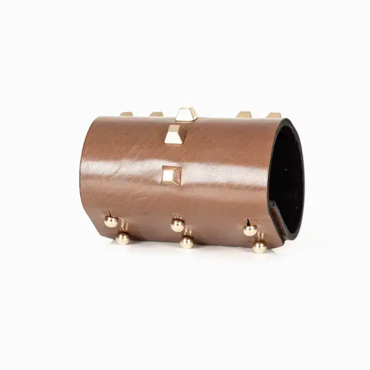 Brown Leather Cut-Out Studded Wide Cuff Bracelet