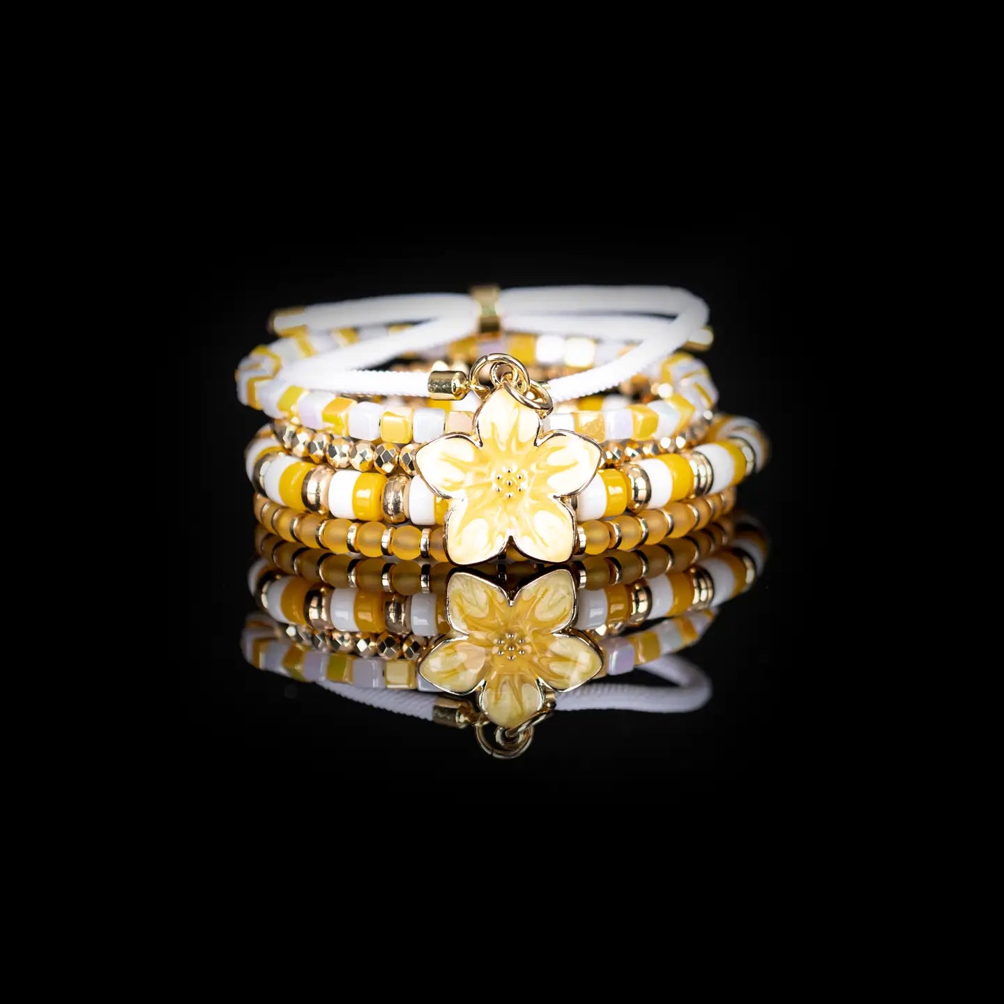 Golden Bloom Yellow & White Bracelet Stack with Floral Charm