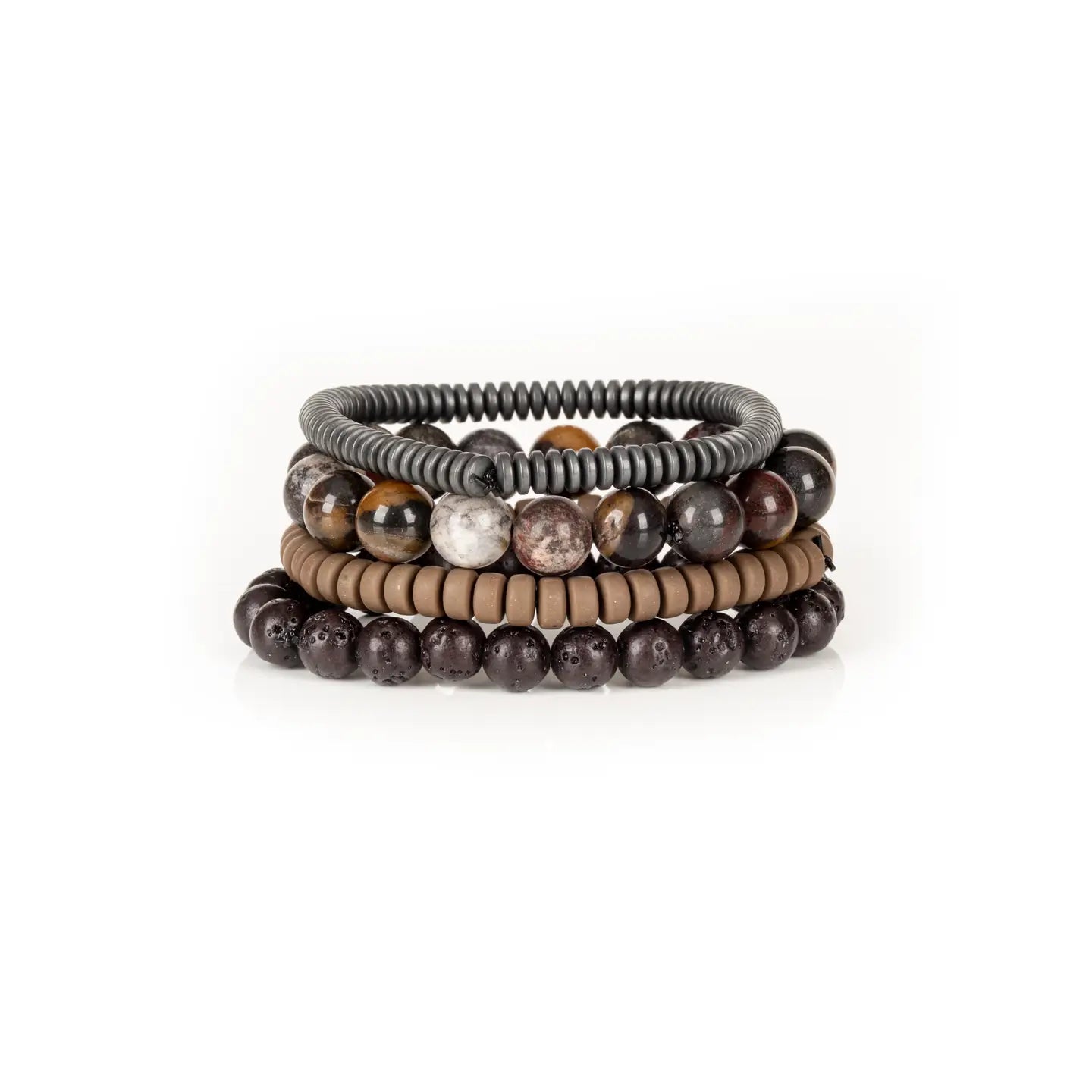 Men’s layered bracelet set featuring dark lava stone beads, multicolor natural stone beads in earthy brown, gray, cream, and rust tones, taupe heishi beads, and gunmetal coil wrap beads, stacked in a rugged natural luxury design on a white background.