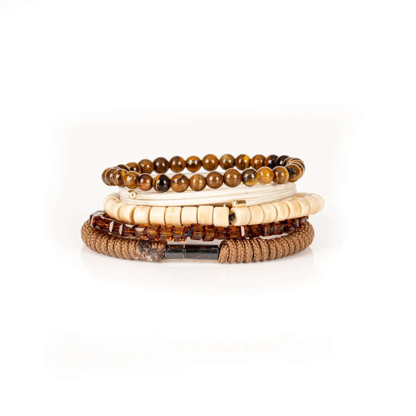 Men’s layered bracelet set featuring tiger’s eye stone beads, ivory heishi beads, amber crystal rectangle beads, cream braided cord wraps, and natural beige accents, stacked in a refined earthy luxury design on a white background.