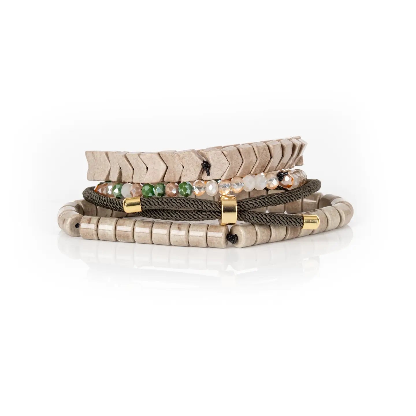 Pavé Lock Multi-Layer Beaded Bracelet Stack Sand & Olive