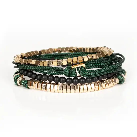 Men’s layered bracelet set featuring gold-tone faceted metal beads, dark green braided cord wraps, matte black bead accents, and gold-tone geometric spacer beads, stacked in a sophisticated green and gold luxury design on a white background.
