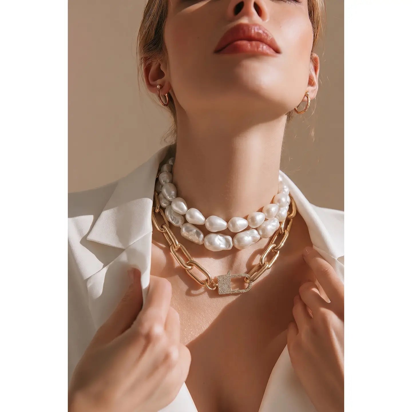 Bracelet with double strand baroque pearls and chunky gold chain featuring a front padlock clasp on a white background.