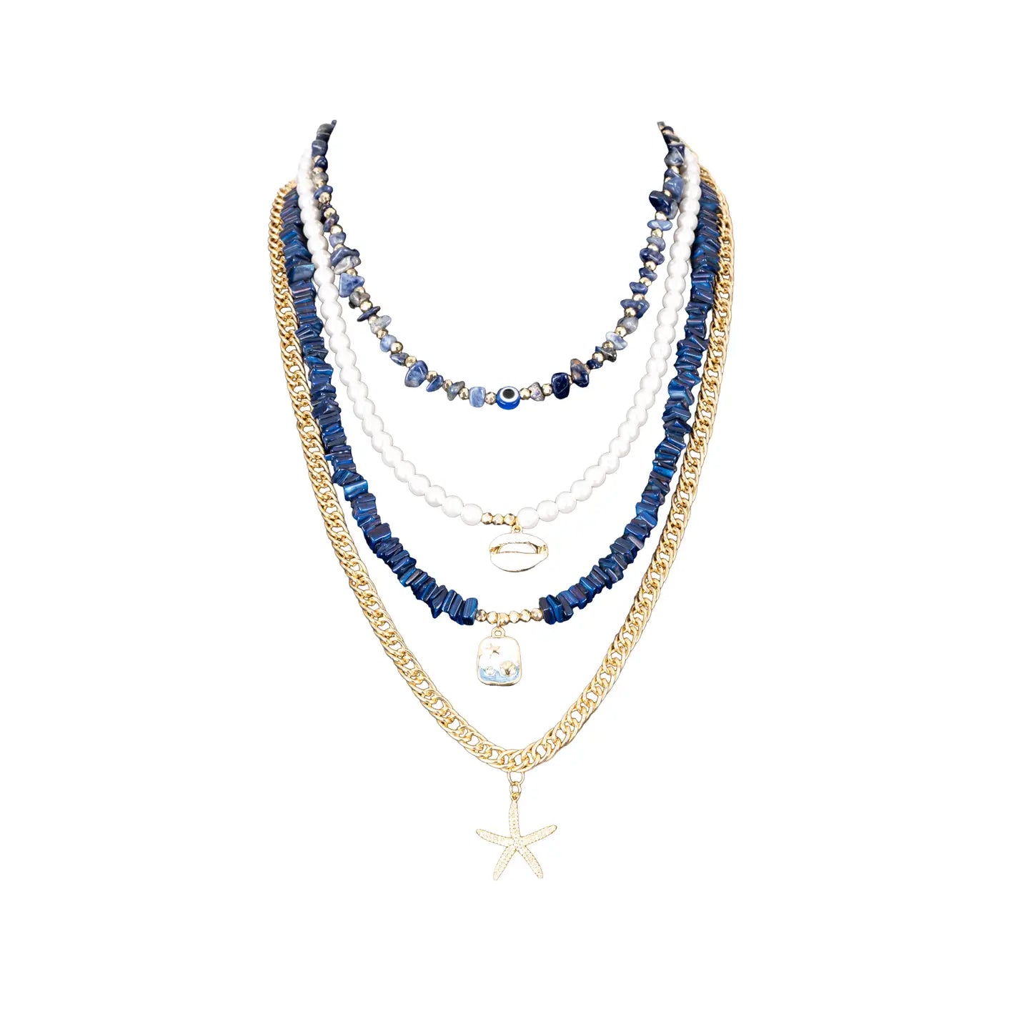 Layered blue and white bead necklace with gold chain and starfish pendant on white background.