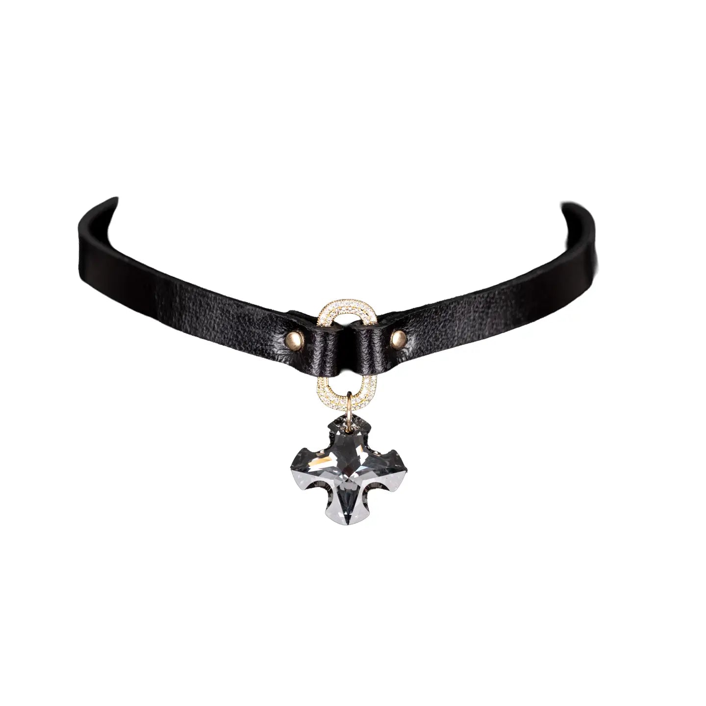 Black leather choker with a crystal oval connector and a faceted crystal cross pendant, displayed on a white background.