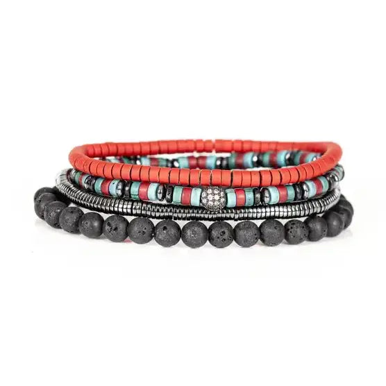 Men's layered bracelet set featuring silver-tone hematite spacer beads, coral red heishi beads, black accent beads, and black adjustable cord details arranged in a handcrafted stacked design on a white background.