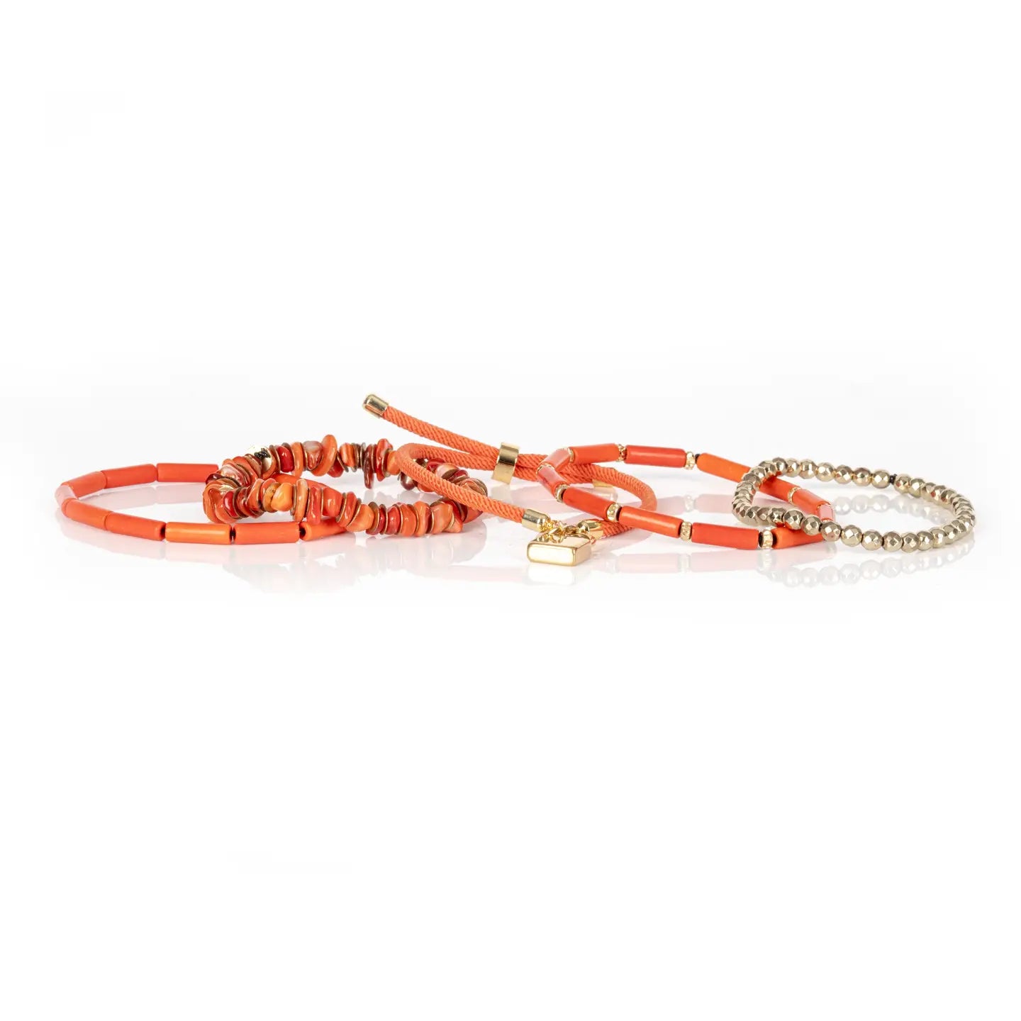 Orange Coral Bracelet Stack with Gold Lock Charm Handmade