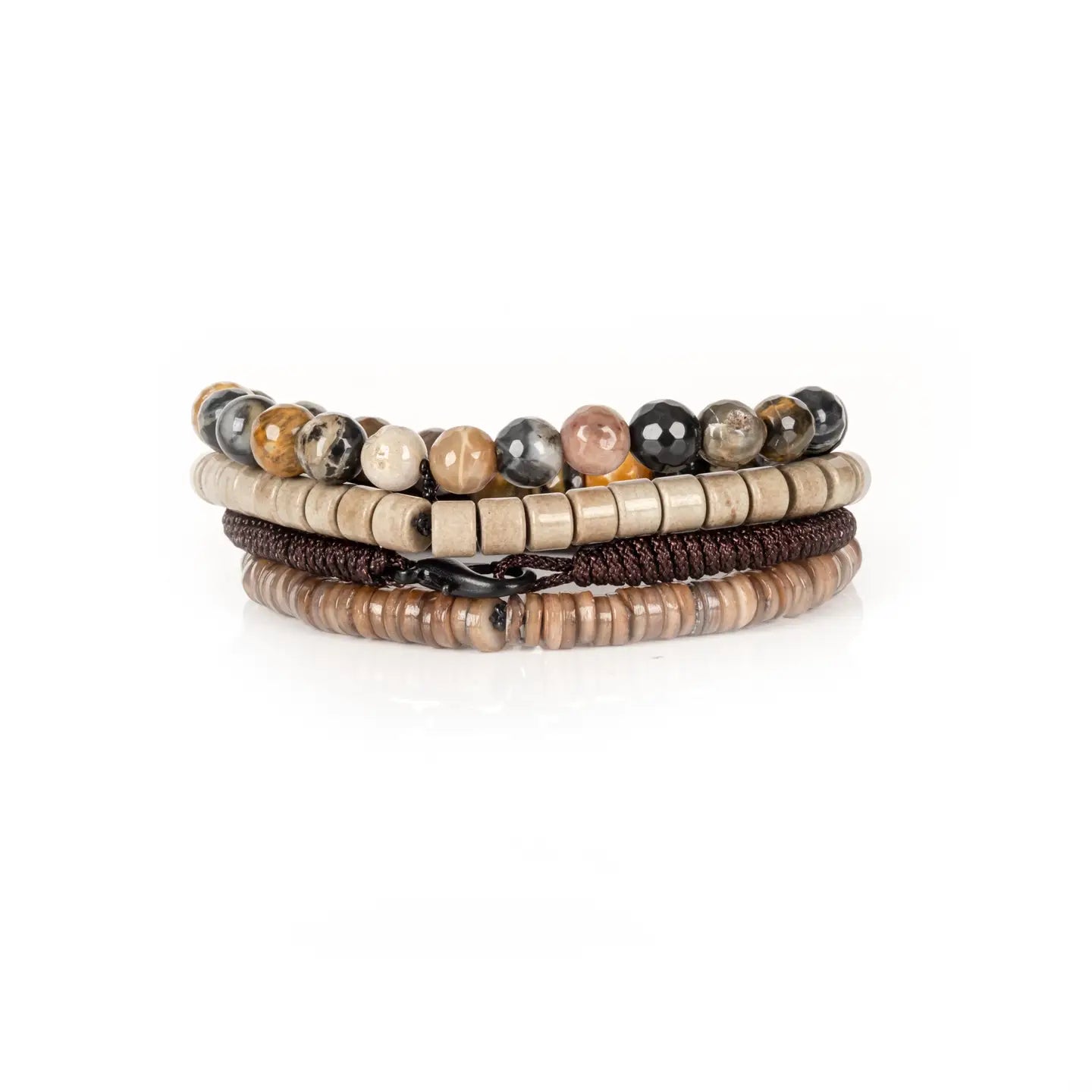 Men's layered bracelet set featuring faceted natural agate stone beads in amber, cream, black, and brown tones with beige heishi beads and brown woven cord accents on a white background.