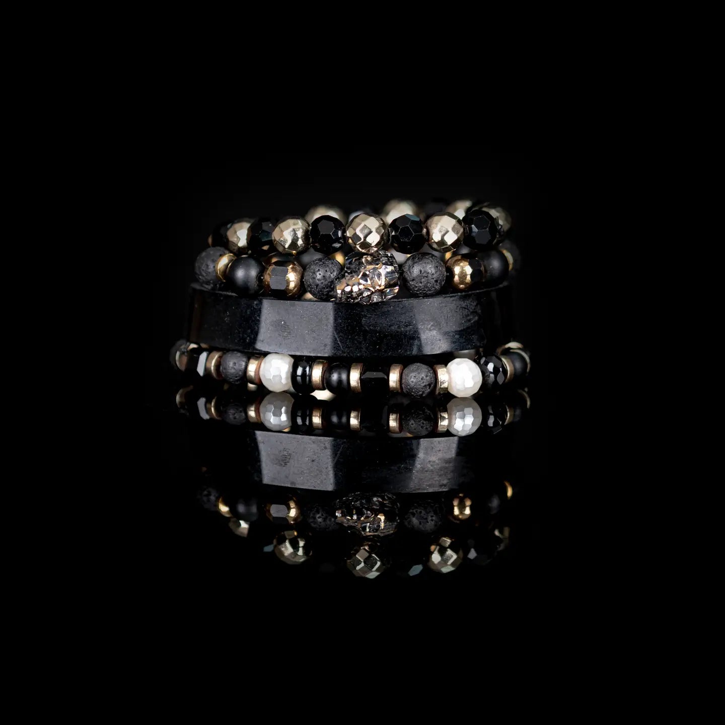 Black Leather & Bead Stack Bracelet Set Onyx Lava Stone