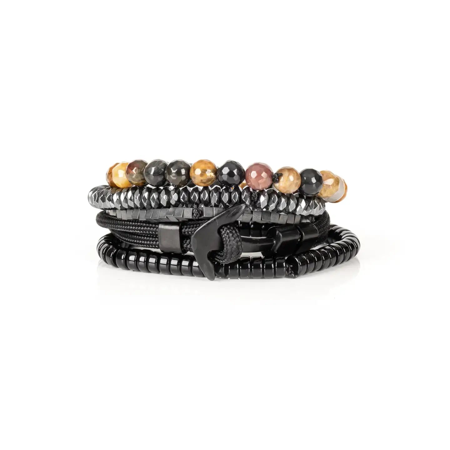 Black multi-layer men’s bracelet featuring natural multi-tone stone beads, faceted hematite strands, metallic cube accents, and braided black rope layers on a light background.