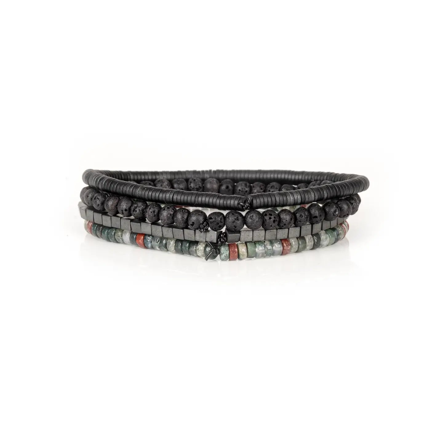 Men's layered bracelet set featuring matte black lava stone beads, hematite cube beads, and multi-color natural stone heishi beads in green, grey, and rust tones arranged in a stacked design on a white background.