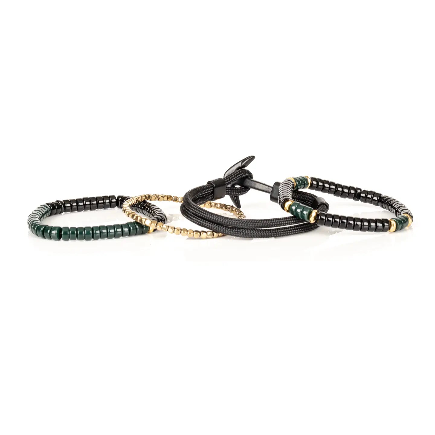 Men’s layered bracelet set featuring black and deep green heishi beads, black braided cord wraps, gold-tone spacer beads, and polished black accent beads, stacked in a sophisticated green, black, and gold luxury design on a white background.