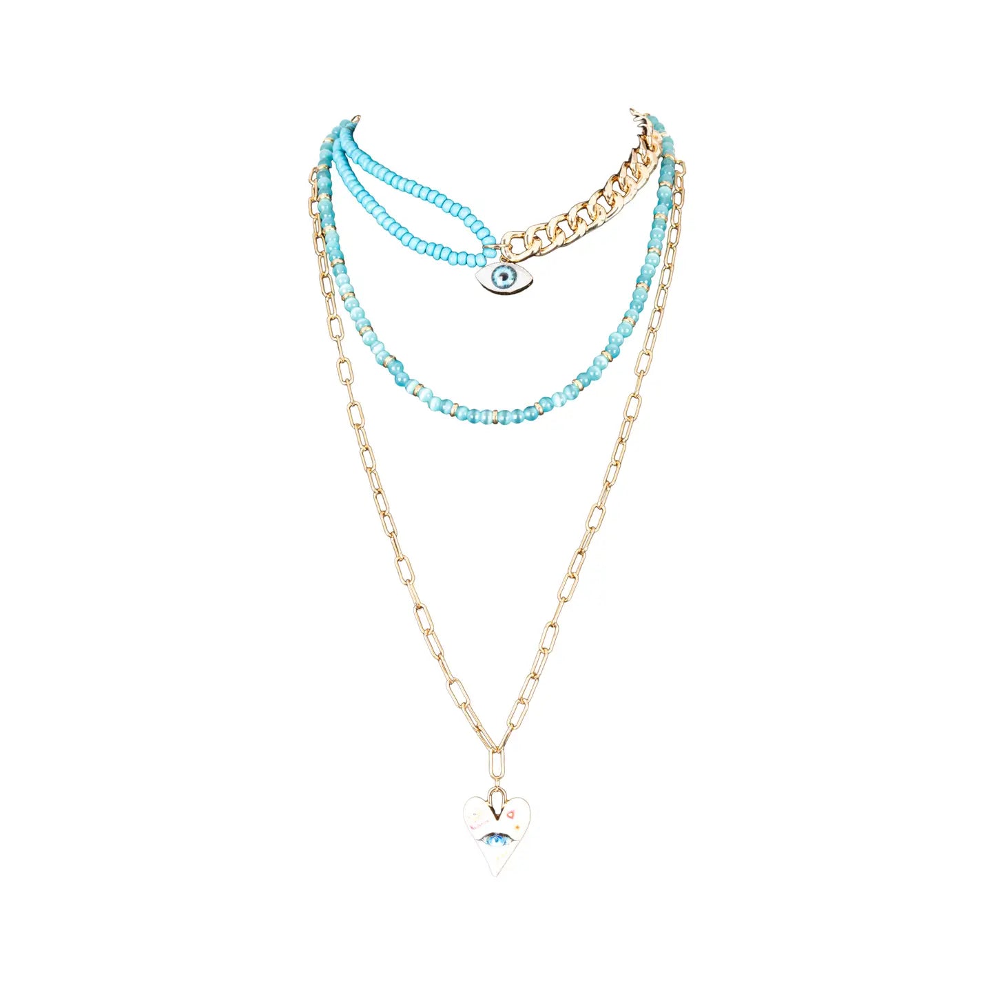 Layered turquoise and gold necklace with evil eye charm and heart pendant on white background.