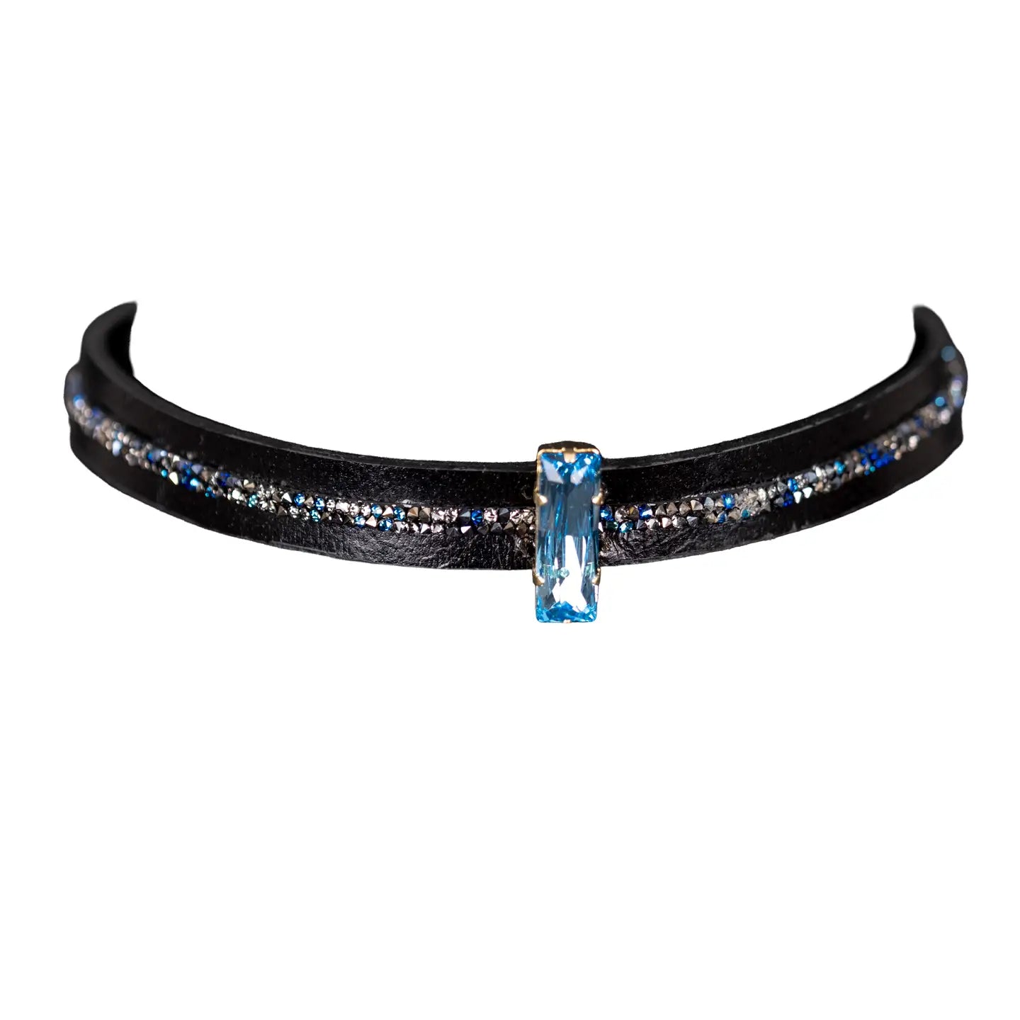 Black leather choker with a central blue crystal and fine rhinestone detailing along the band, displayed on a white background.