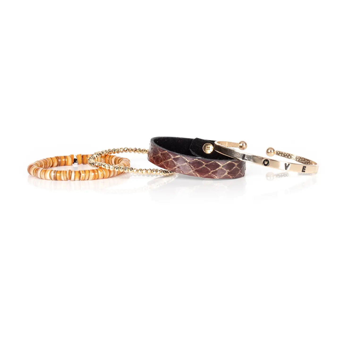 Python Leather Bracelet Stack with Gold “LOVE” Cuff & Orange