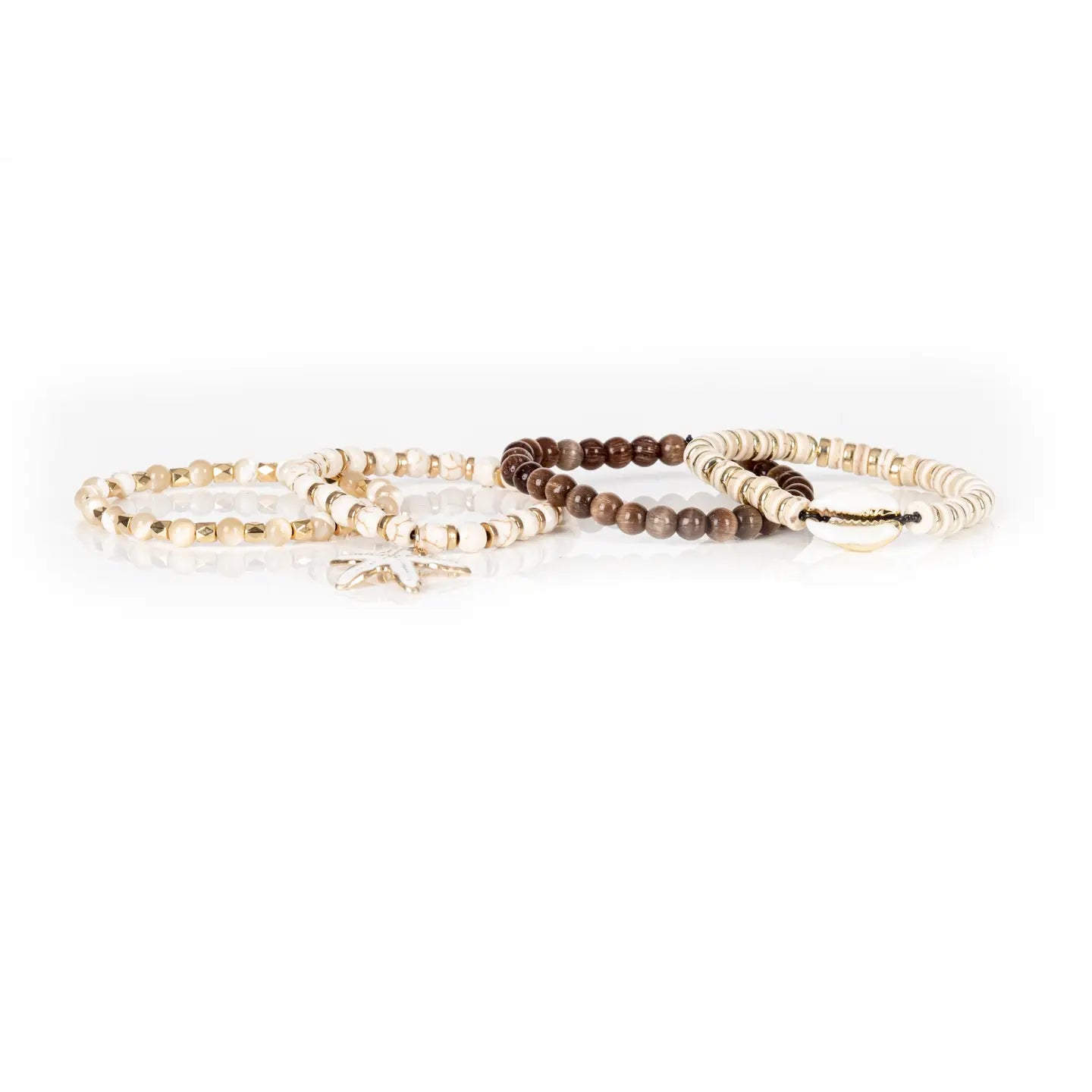 Coastal Cowrie Bracelet Stack Cream, Brown & Gold Starfish