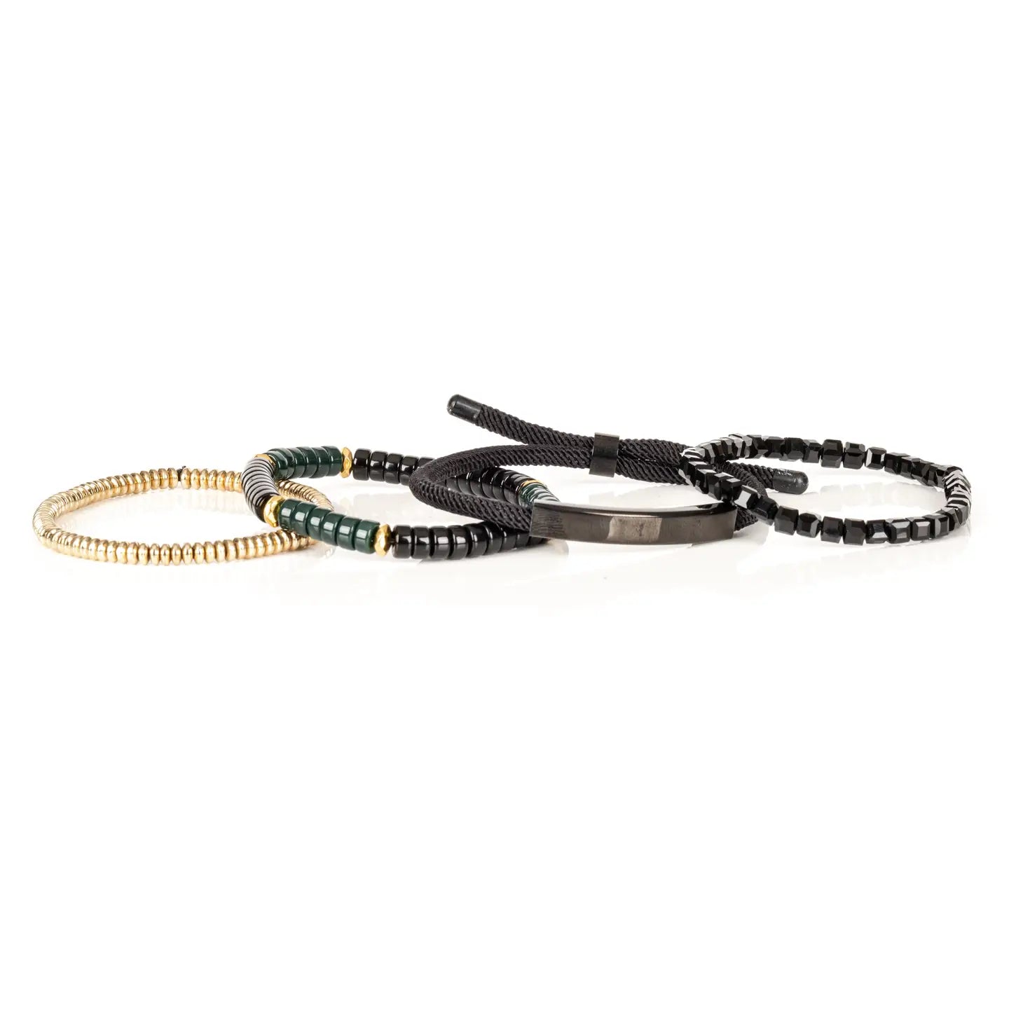 Men’s layered bracelet set featuring faceted black crystal beads, black braided cord wraps, a gunmetal ID bar centerpiece, black and deep green heishi beads, and gold-tone spacer beads, stacked in a sophisticated modern luxury design on a white background.