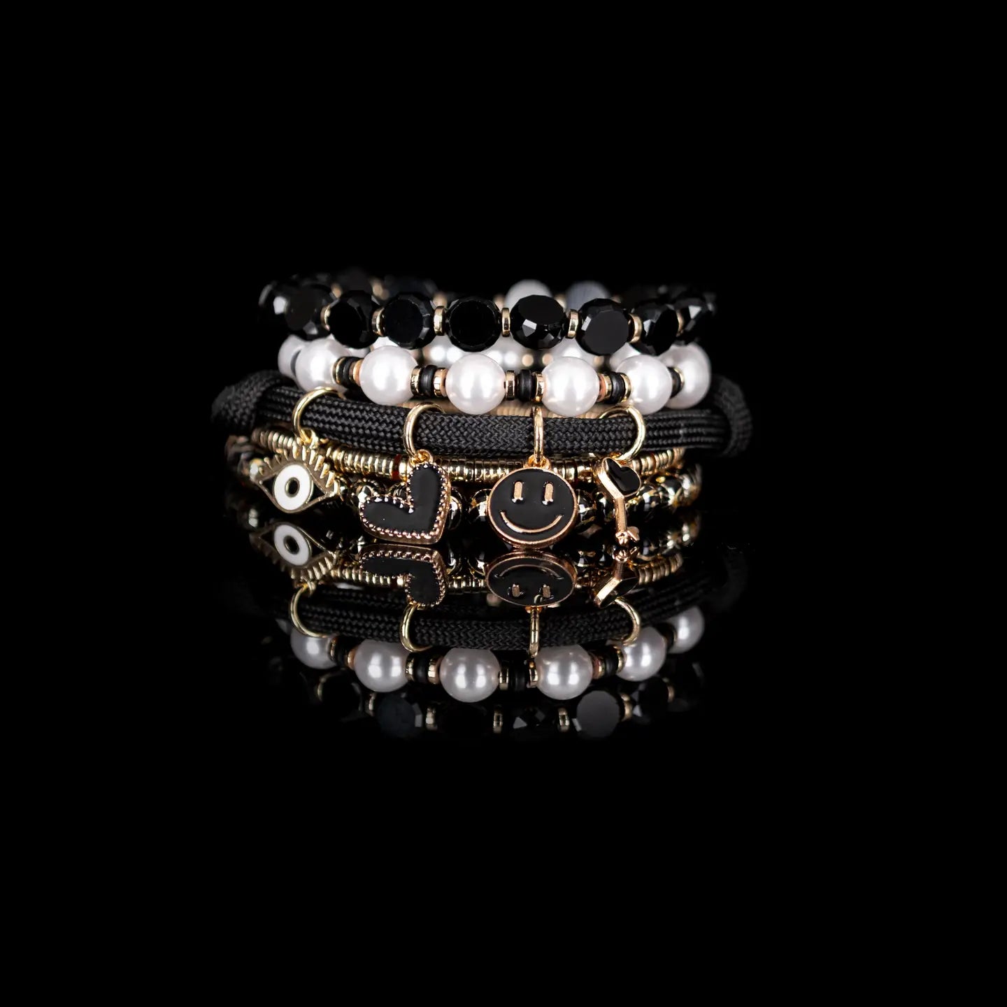Black Pearl Charm Stack Bracelet