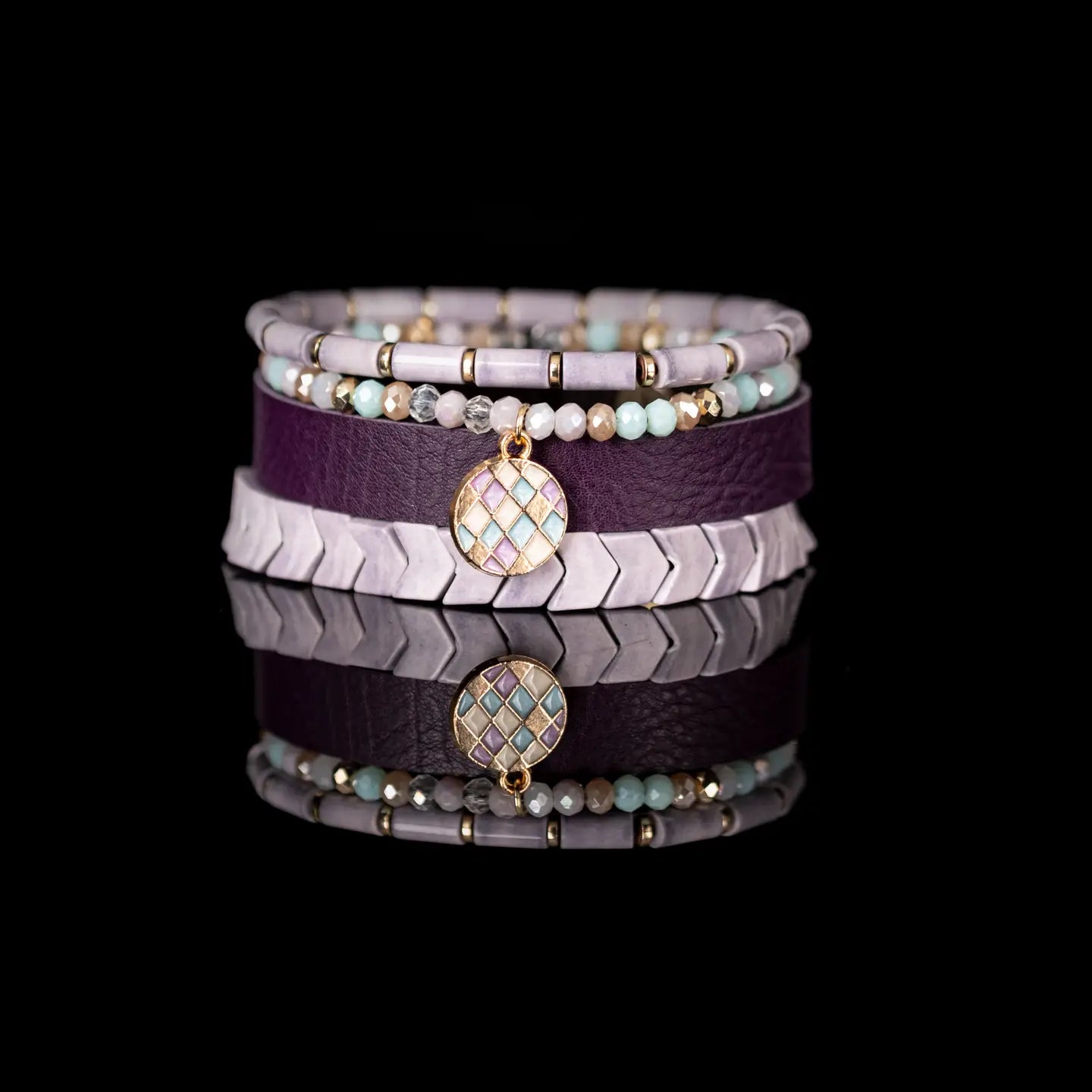 Amethyst Mosaic Leather Bracelet Stack Lilac Mint & Gold