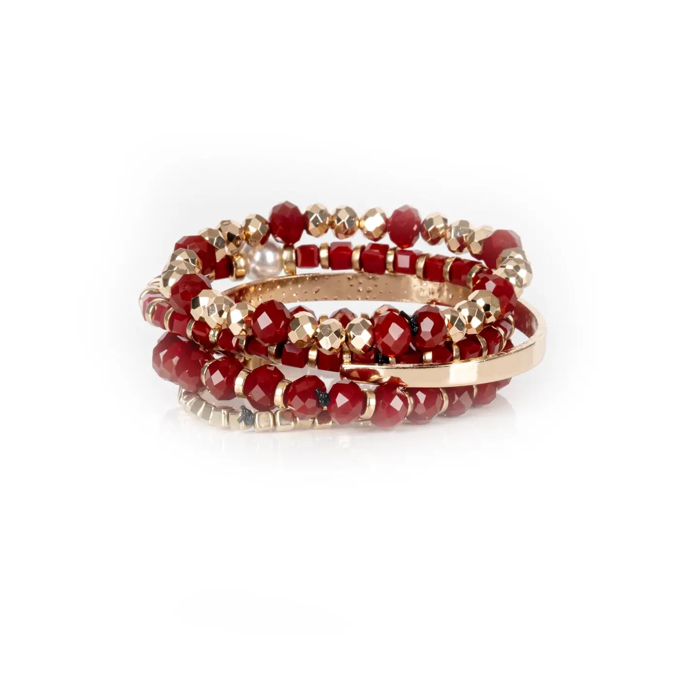 LOVE Red & Gold Beaded Bracelet Stack Pearl Charm Edition