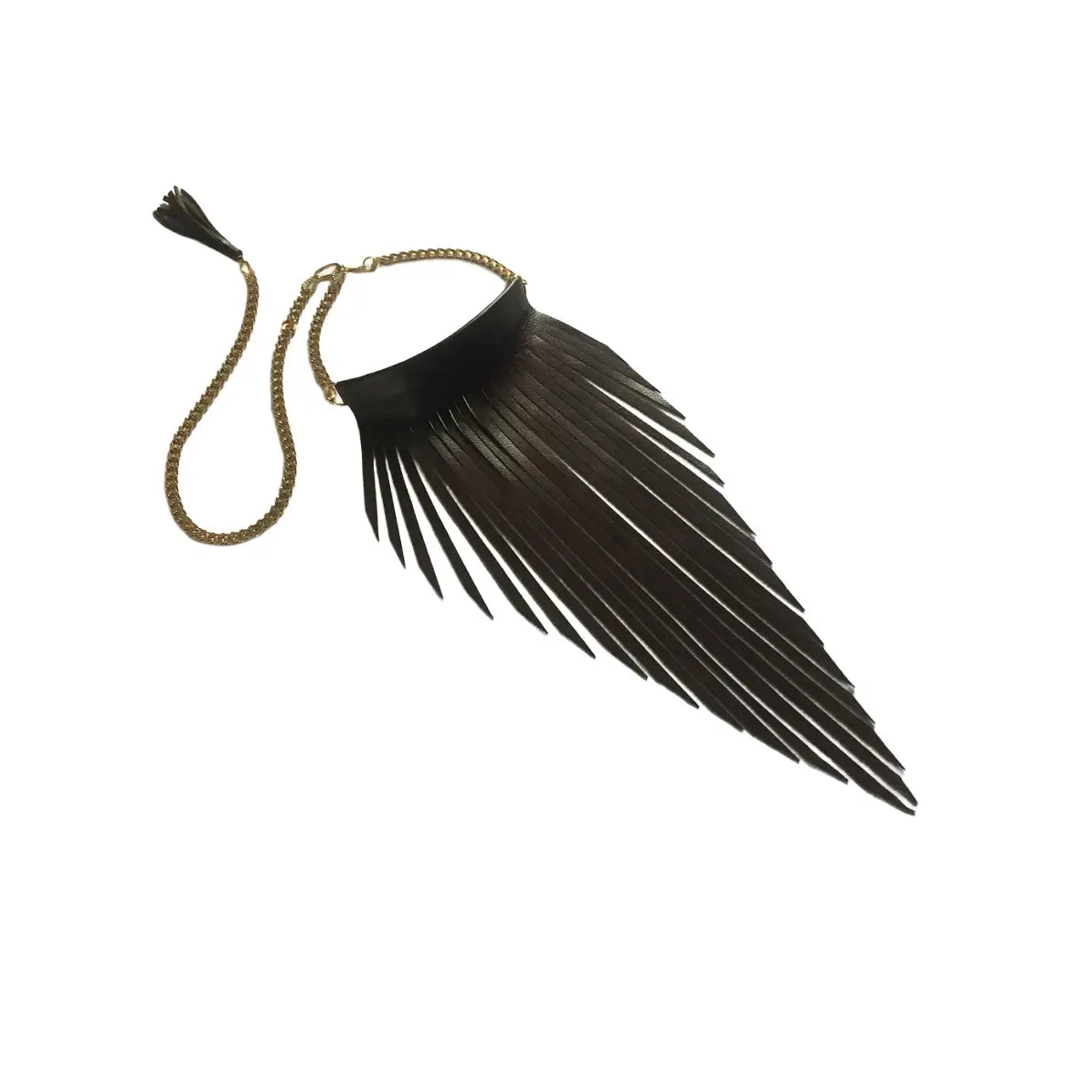 Black leather choker necklace with long fringe detailing and a gold chain closure, displayed on a white background.