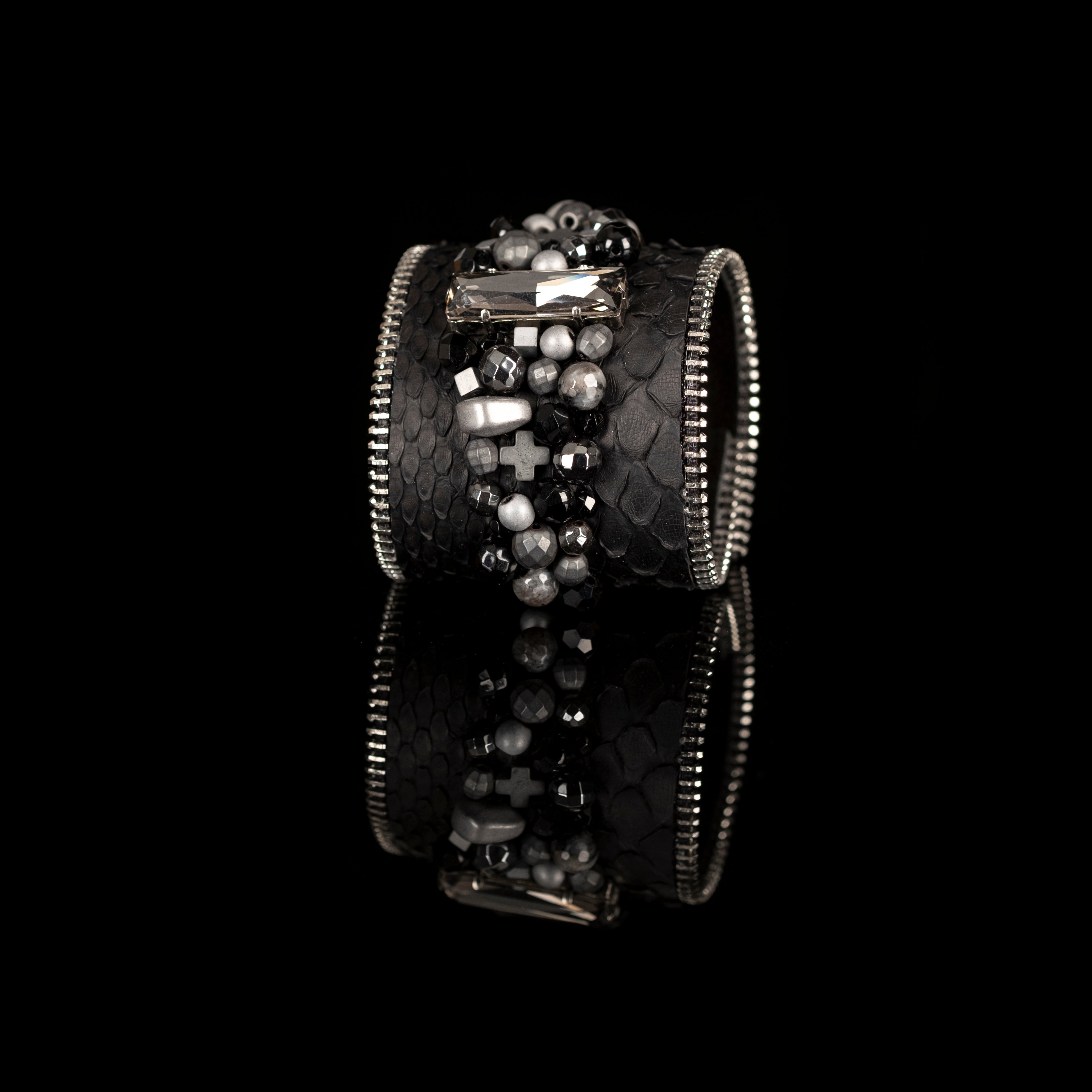 Black python leather cuff with crystal centerpiece and mixed metallic bead cluster, handmade statement bracelet by THE DARK