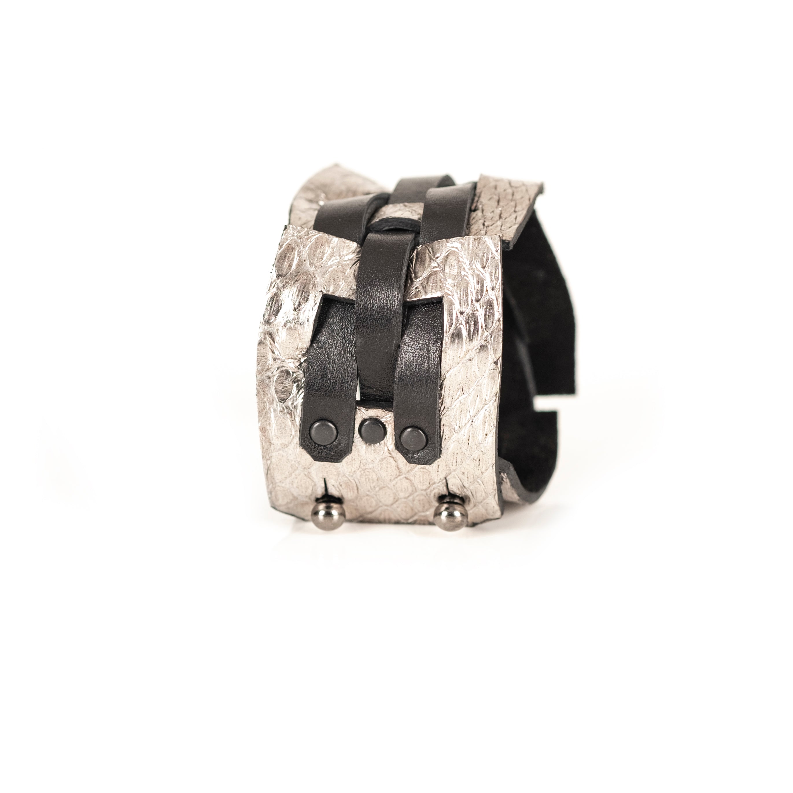 Black leather bracelet with woven straps and textured silver metal plates, handmade architectural statement cuff by THE DARK