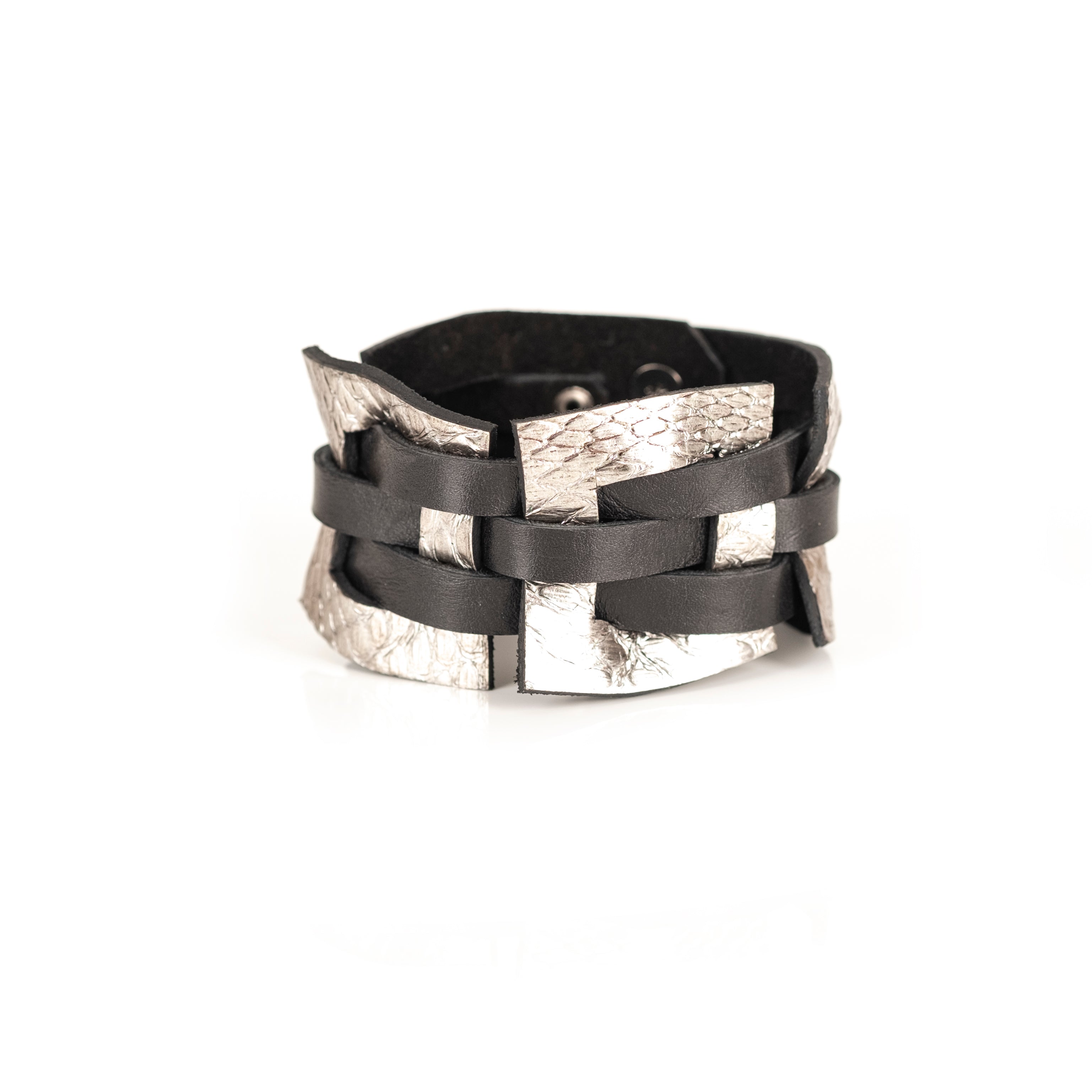 Black leather bracelet with woven straps and textured silver metal plates, handmade architectural statement cuff by THE DARK