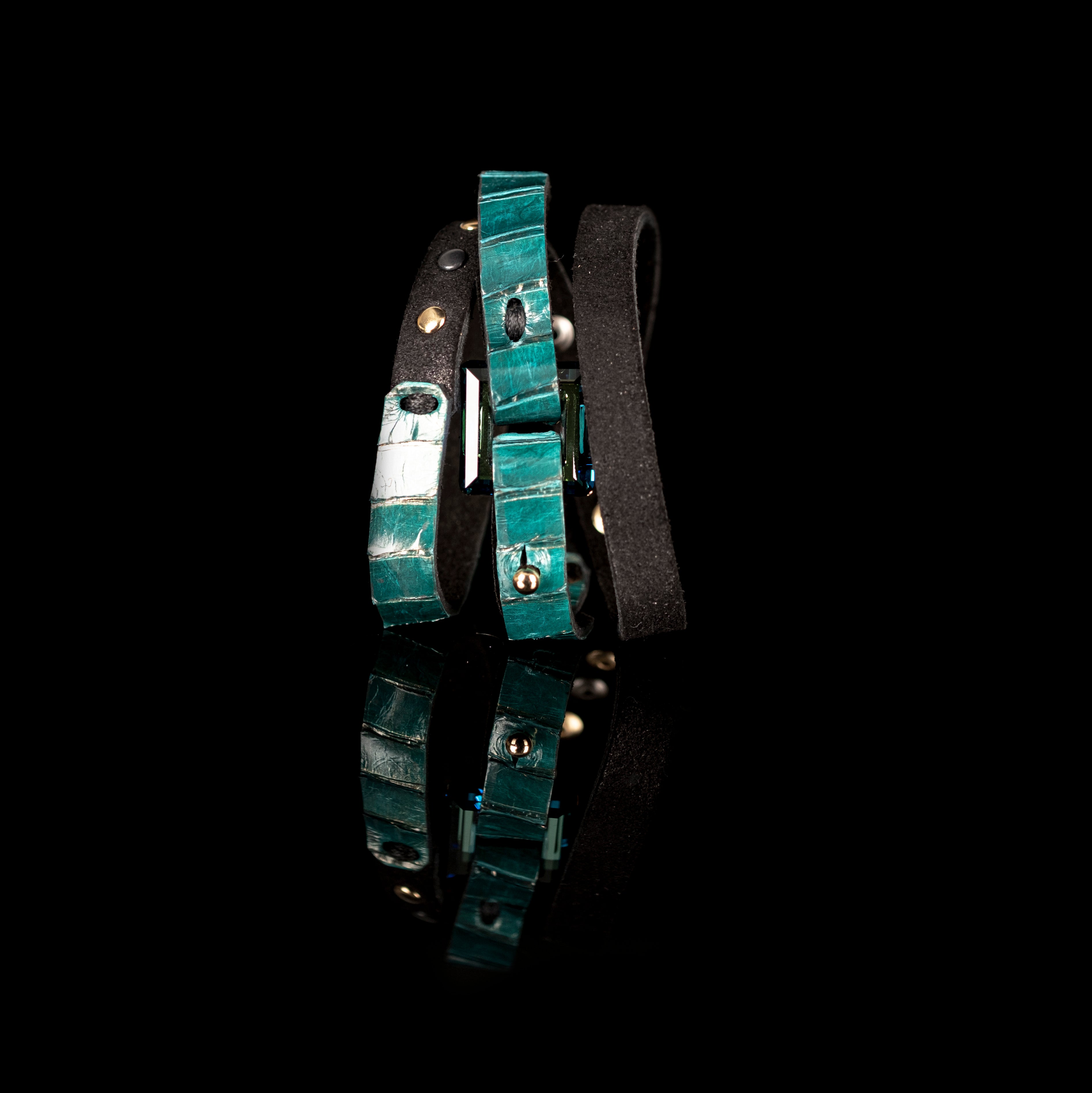 Turquoise crocodile leather bracelet with emerald-cut crystal centerpiece, handmade exotic leather bracelet by THE DARK