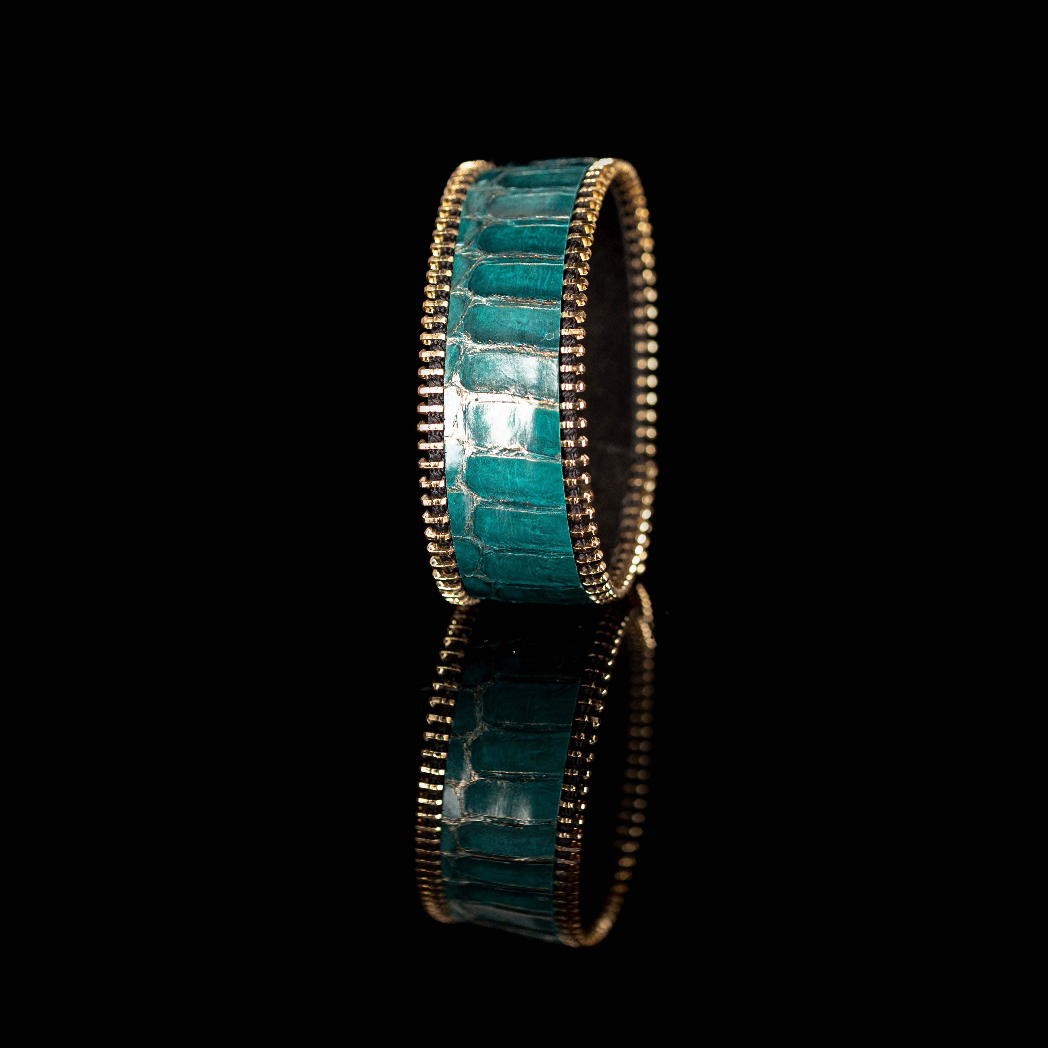 Turquoise crocodile texture leather cuff bracelet with gold zipper edges, handmade exotic leather bracelet by THE DARK