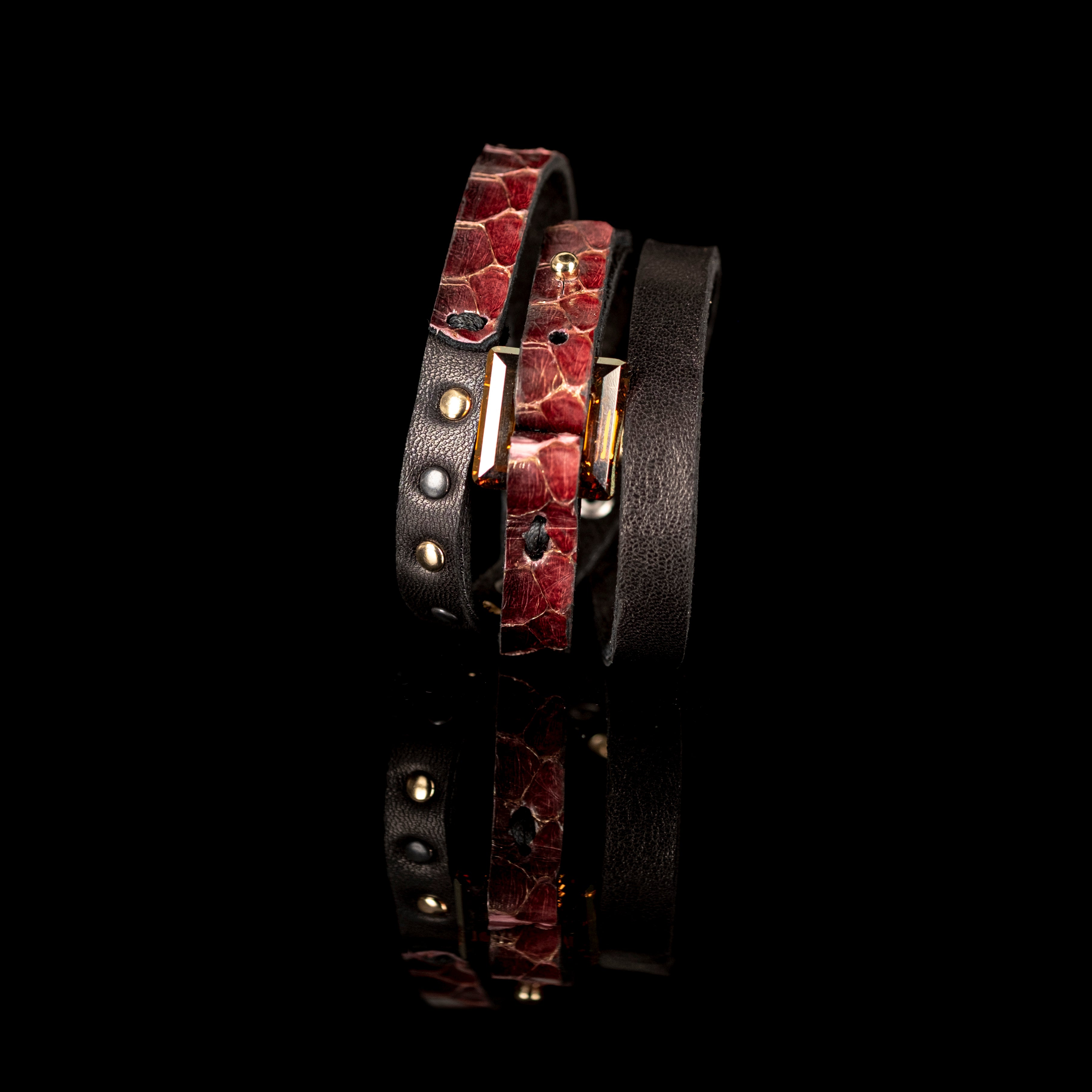 Burgundy crocodile leather bracelet with rectangular crystal centerpiece, handmade exotic leather bracelet by THE DARK