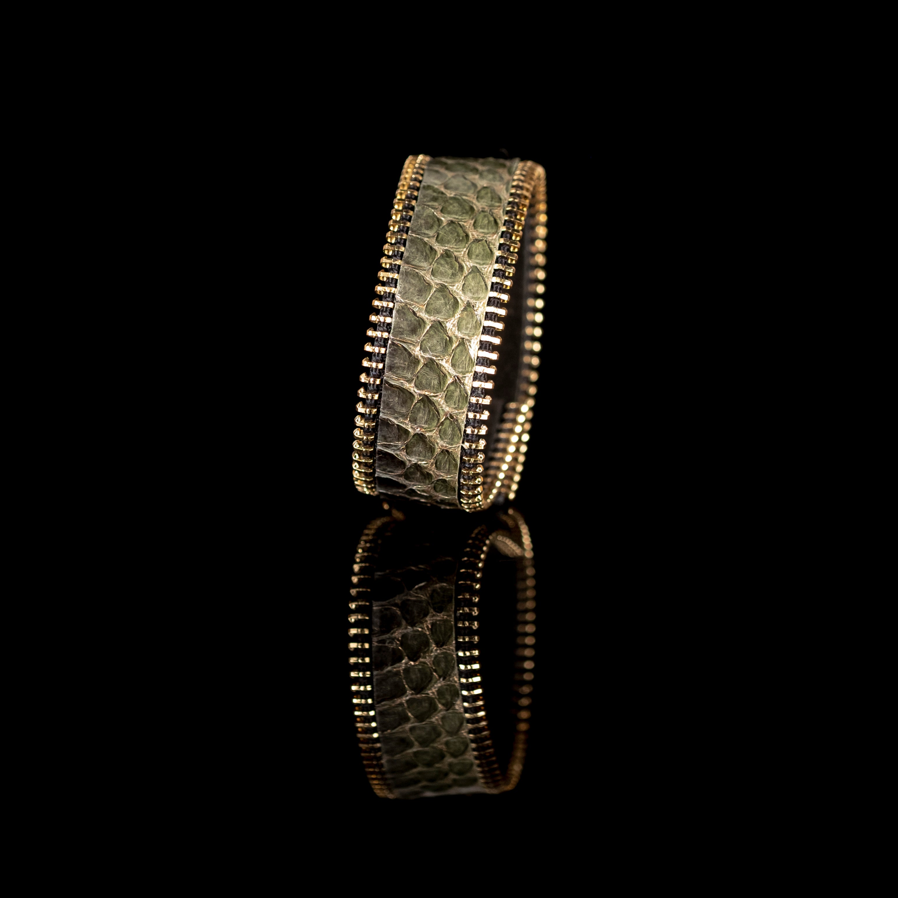 Olive python leather cuff bracelet with gold zipper edges, handmade exotic leather bracelet by THE DARK