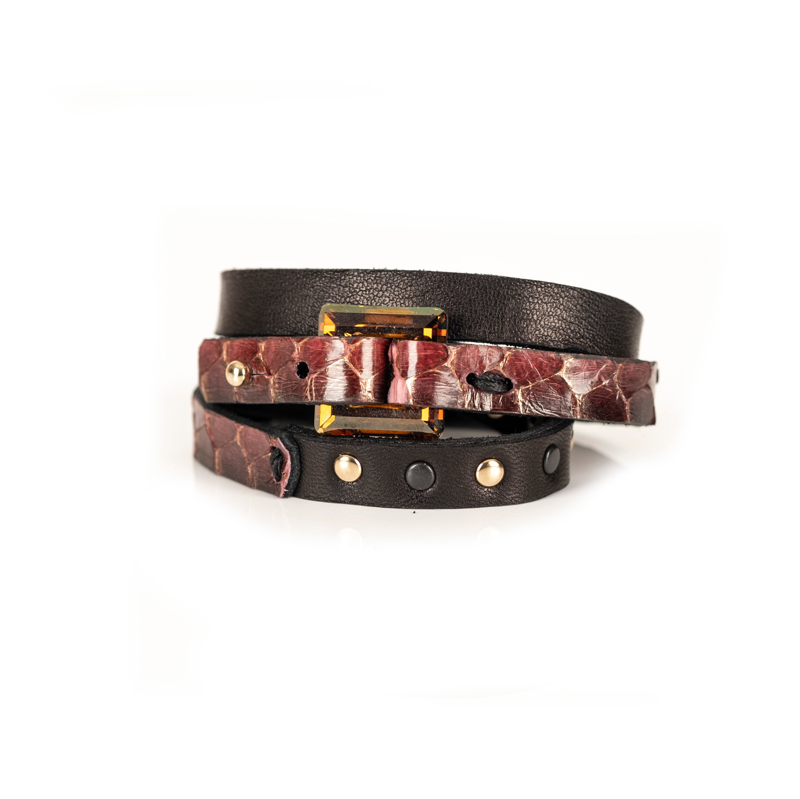 Burgundy crocodile leather bracelet with rectangular crystal centerpiece, handmade exotic leather bracelet by THE DARK