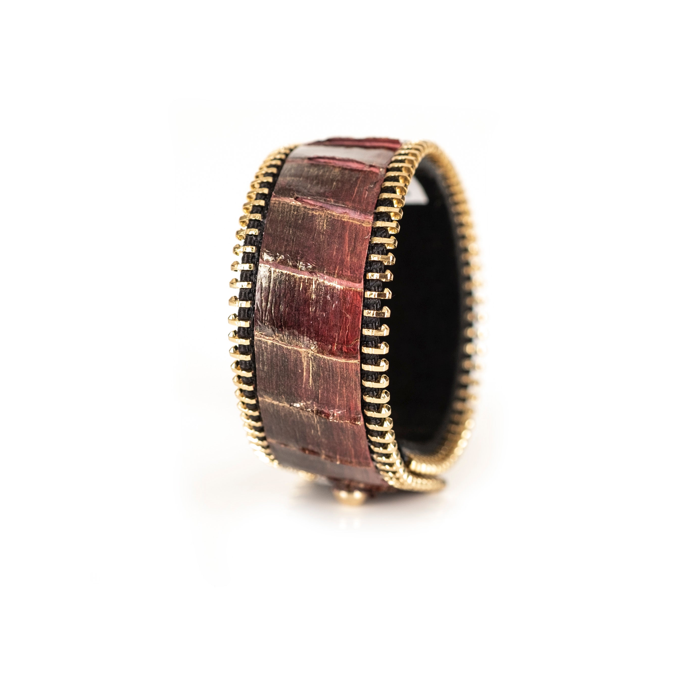 Burgundy crocodile leather cuff bracelet with gold zipper edges, handmade exotic leather bracelet by THE DARK