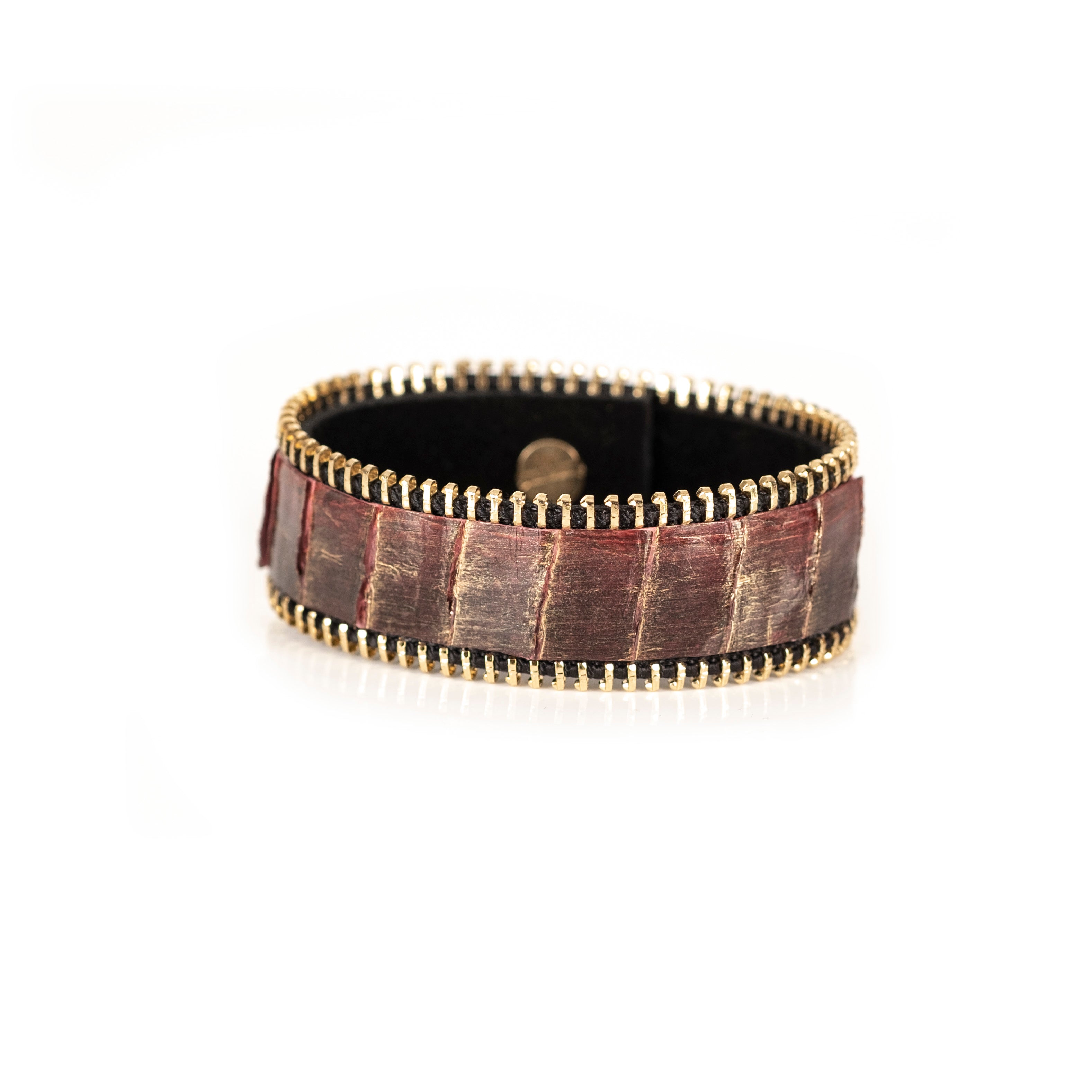 Burgundy crocodile leather cuff bracelet with gold zipper edges, handmade exotic leather bracelet by THE DARK