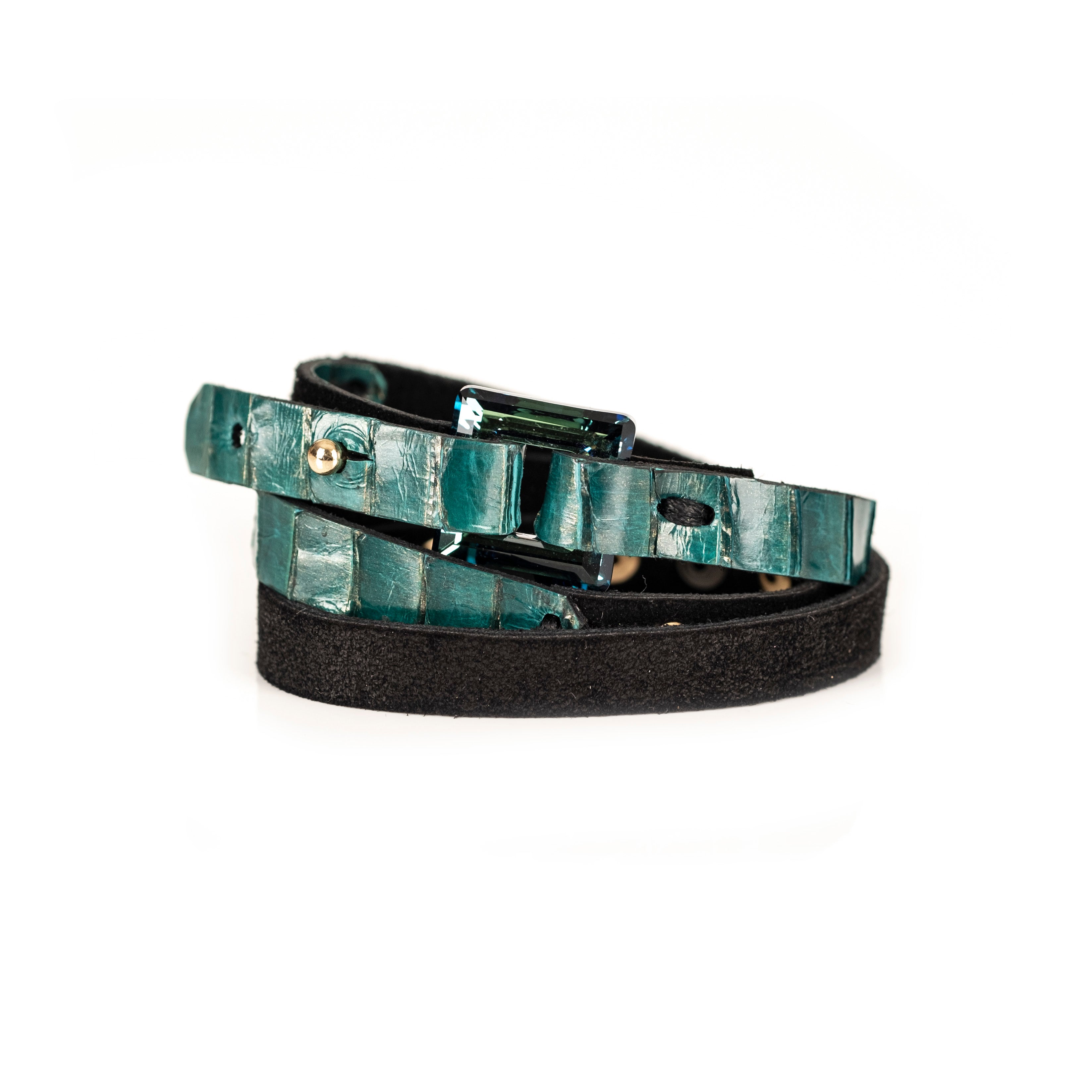 Turquoise crocodile leather bracelet with emerald-cut crystal centerpiece, handmade exotic leather bracelet by THE DARK