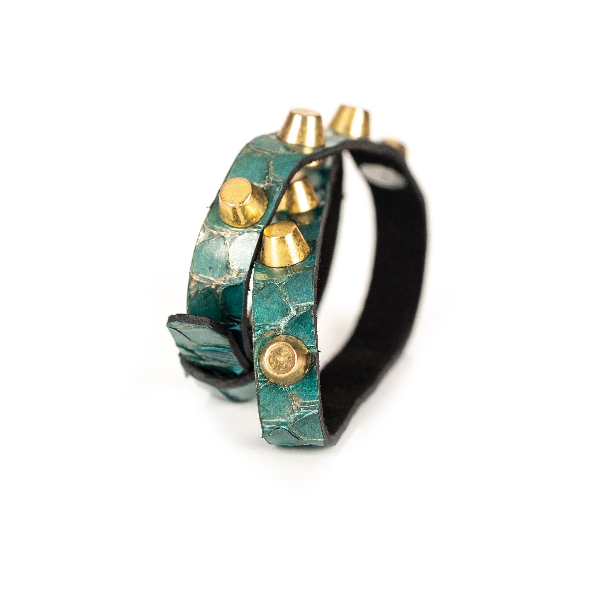 Turquoise python leather bracelet with gold cone studs, handmade exotic leather statement bracelet by THE DARK