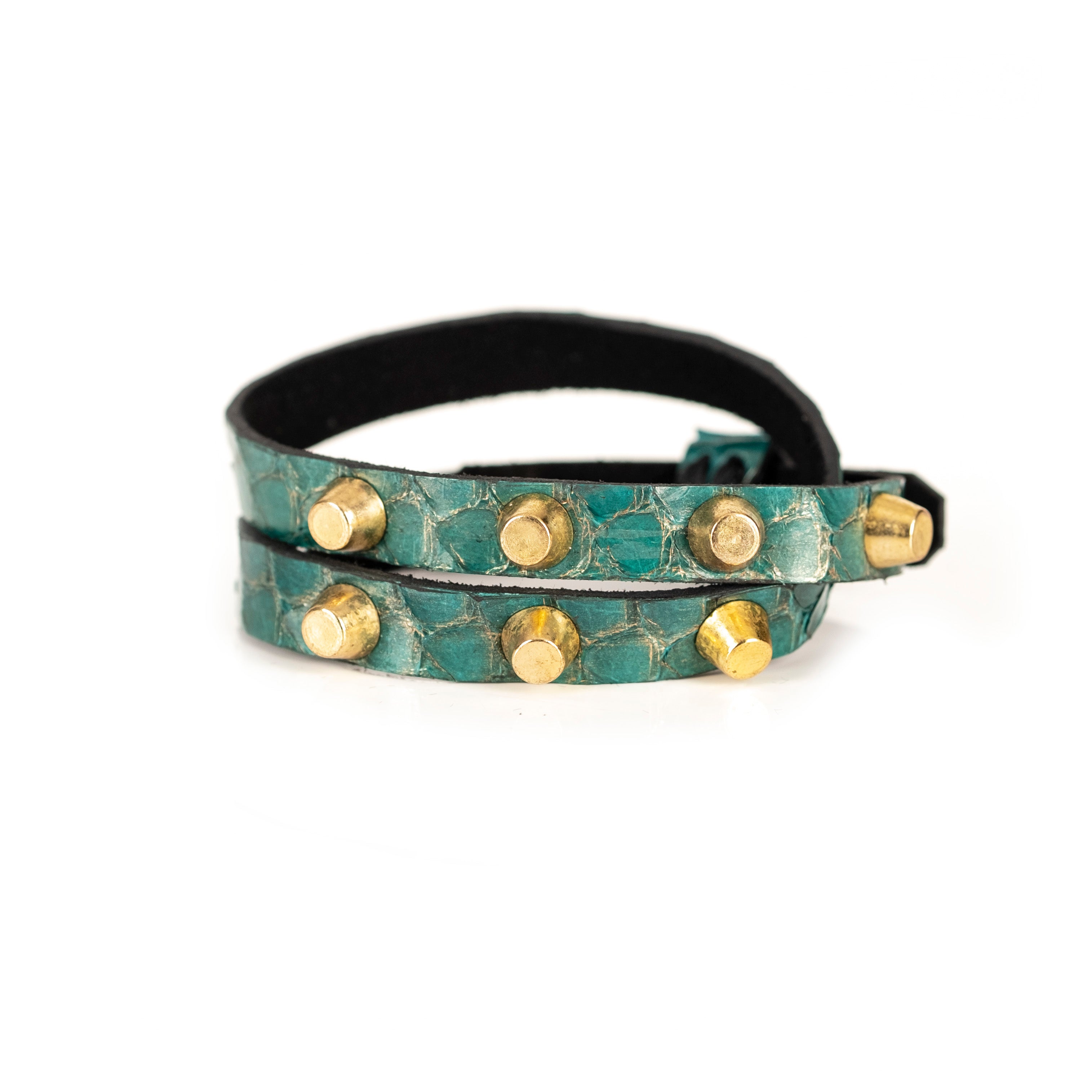 Turquoise python leather bracelet with gold cone studs, handmade exotic leather statement bracelet by THE DARK