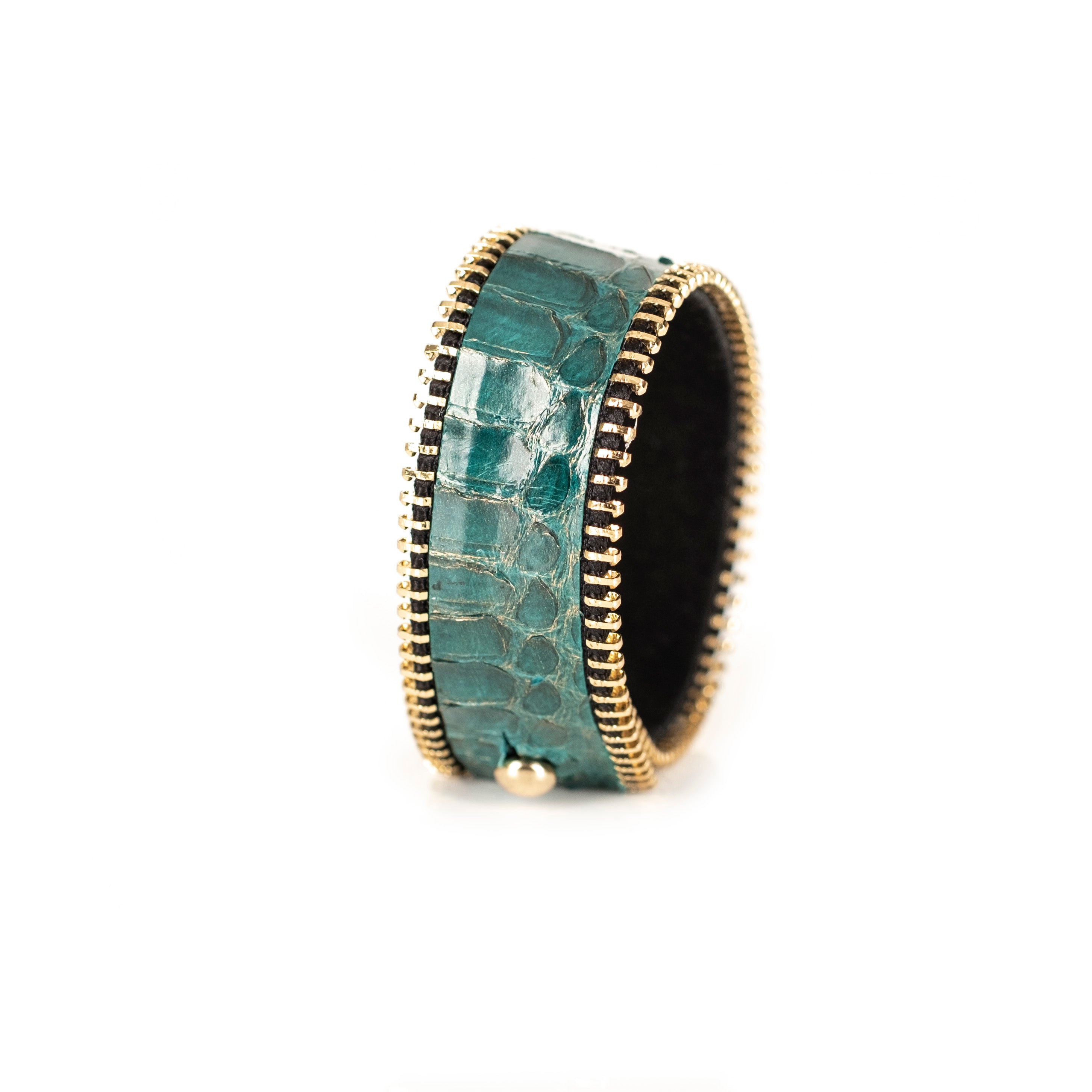Turquoise crocodile texture leather cuff bracelet with gold zipper edges, handmade exotic leather bracelet by THE DARK