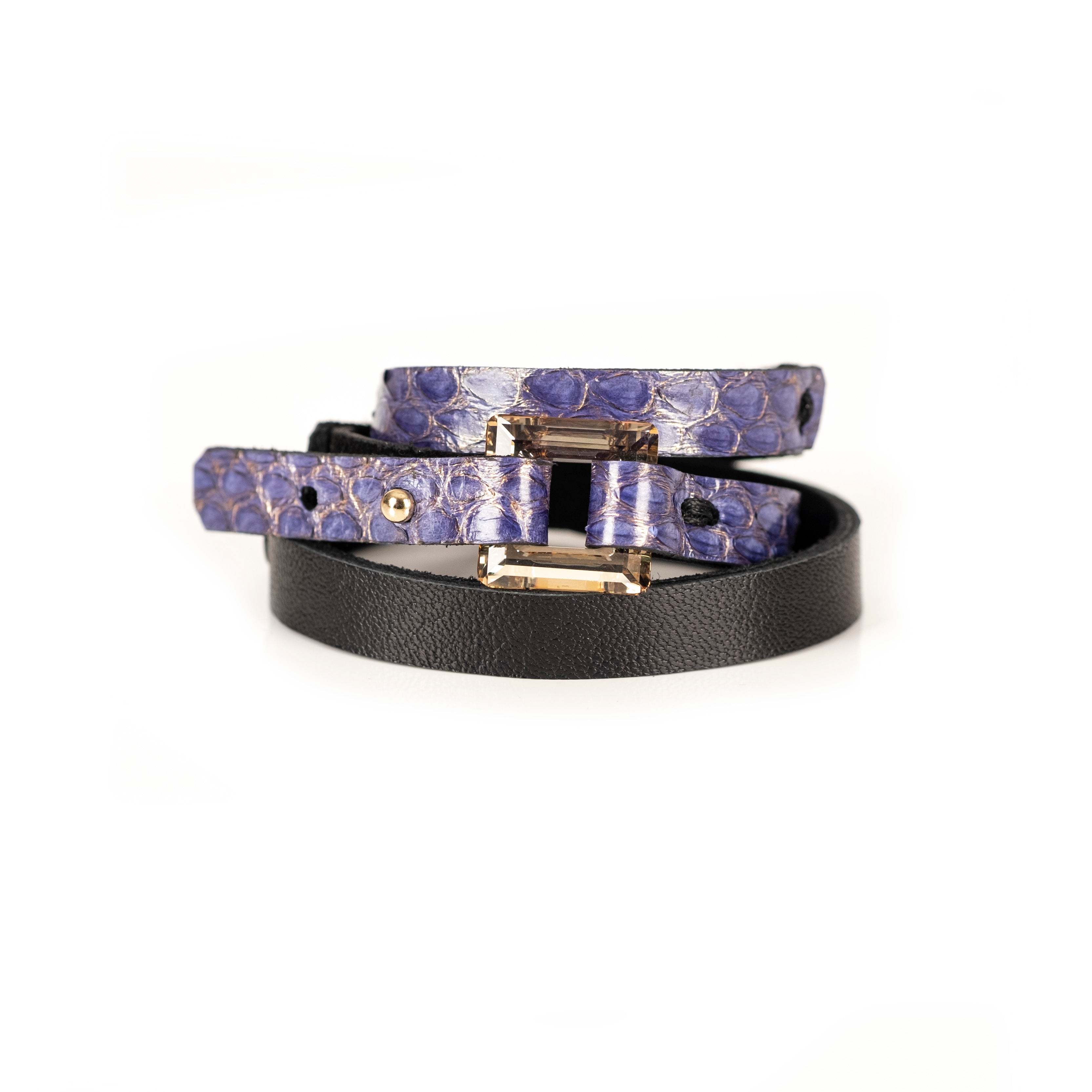 Purple python leather bracelet with rectangular crystal centerpiece, handmade exotic leather bracelet by THE DARK