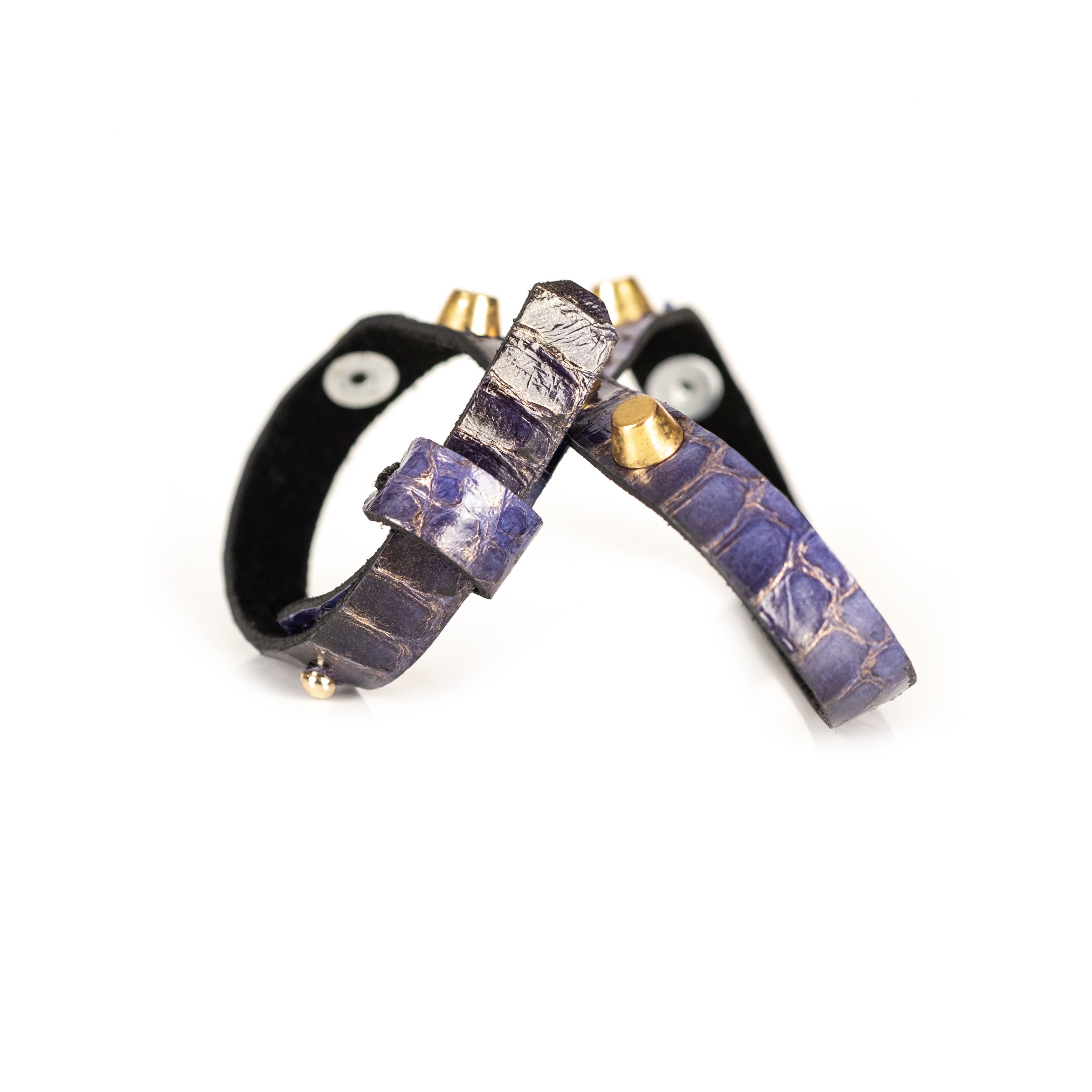 Purple python leather bracelet with gold cone studs, handmade exotic leather statement bracelet by THE DARK