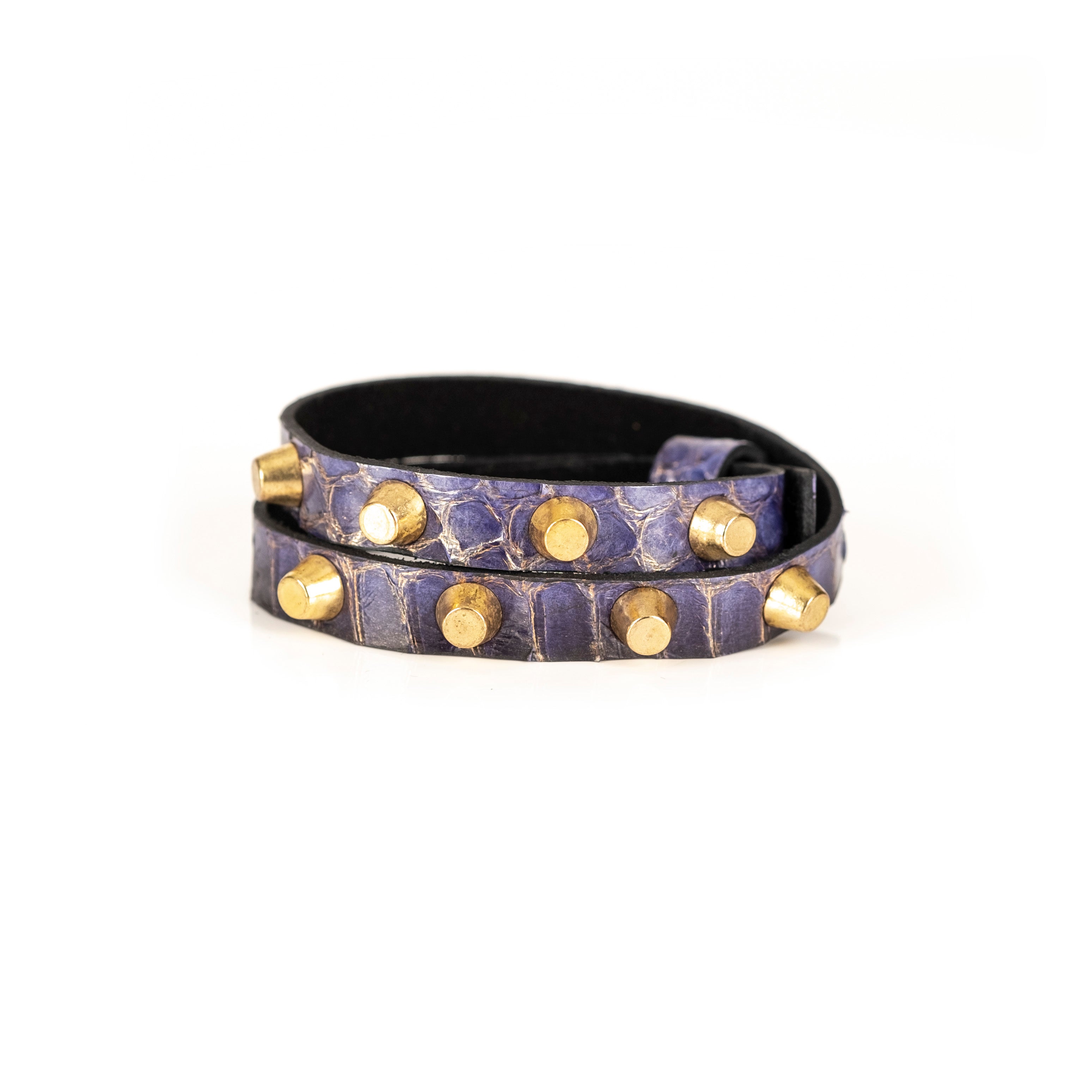 Purple python leather bracelet with gold cone studs, handmade exotic leather statement bracelet by THE DARK
