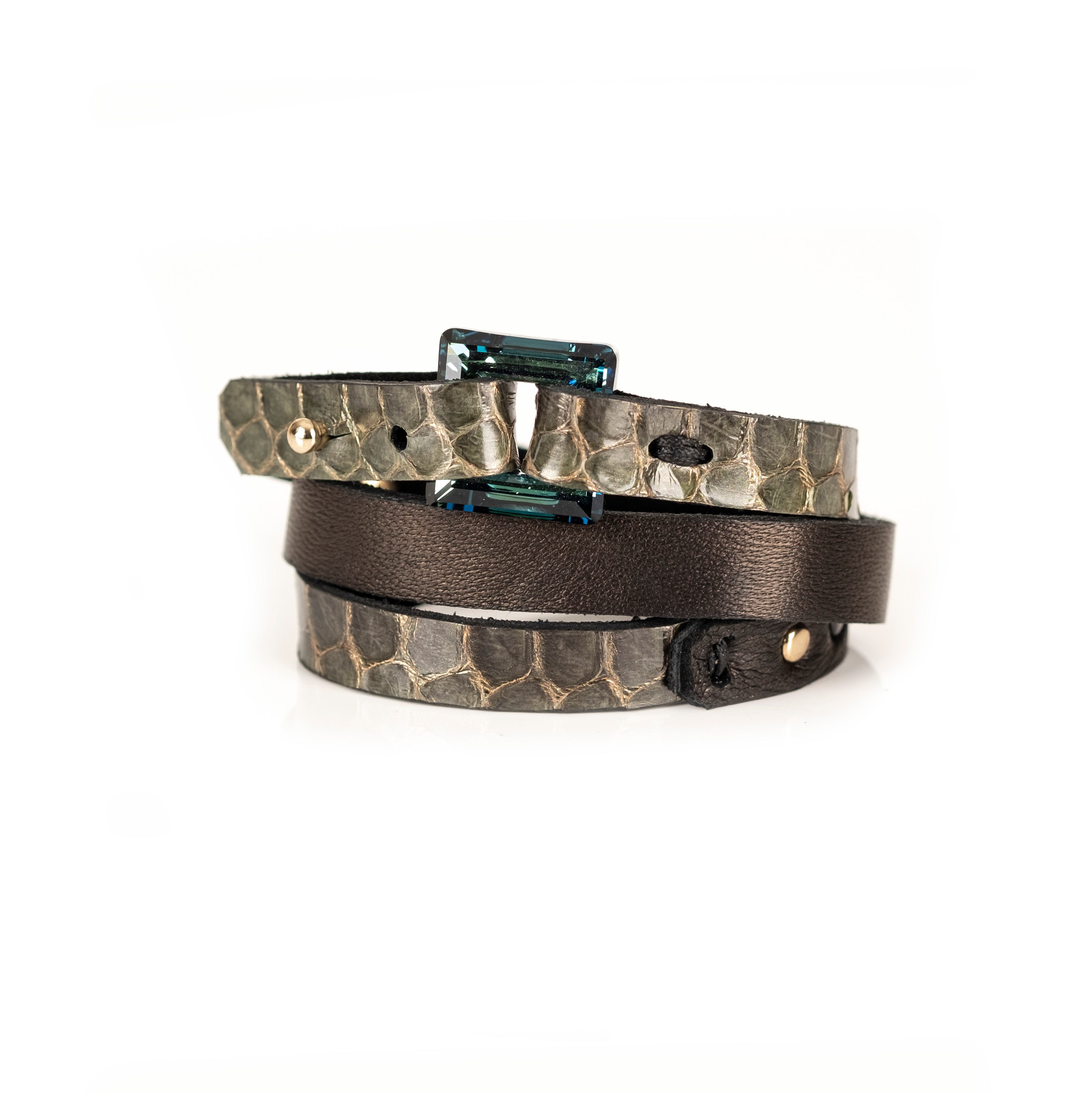 Olive python leather bracelet with blue emerald-cut crystal, handmade exotic leather bracelet by THE DARK