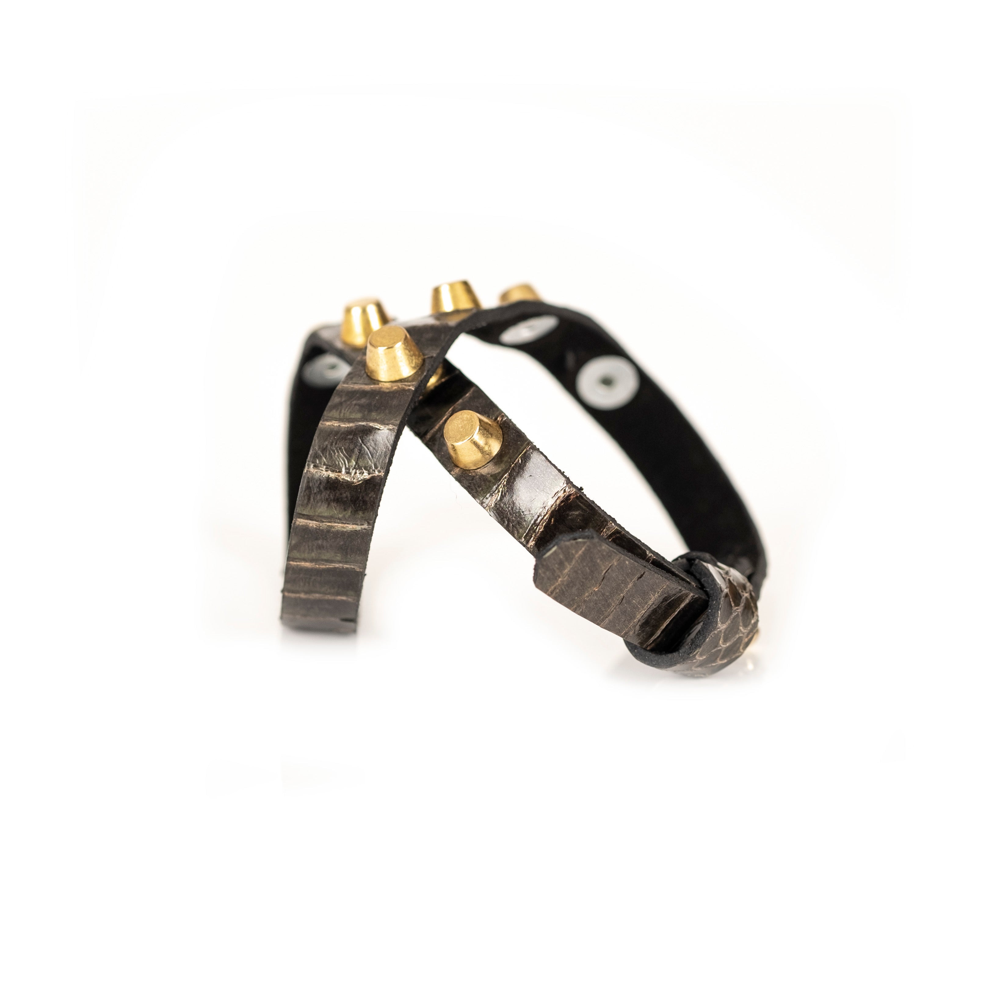 Black leather bracelet with metallic texture straps and gold cone studs, handmade statement bracelet by THE DARK