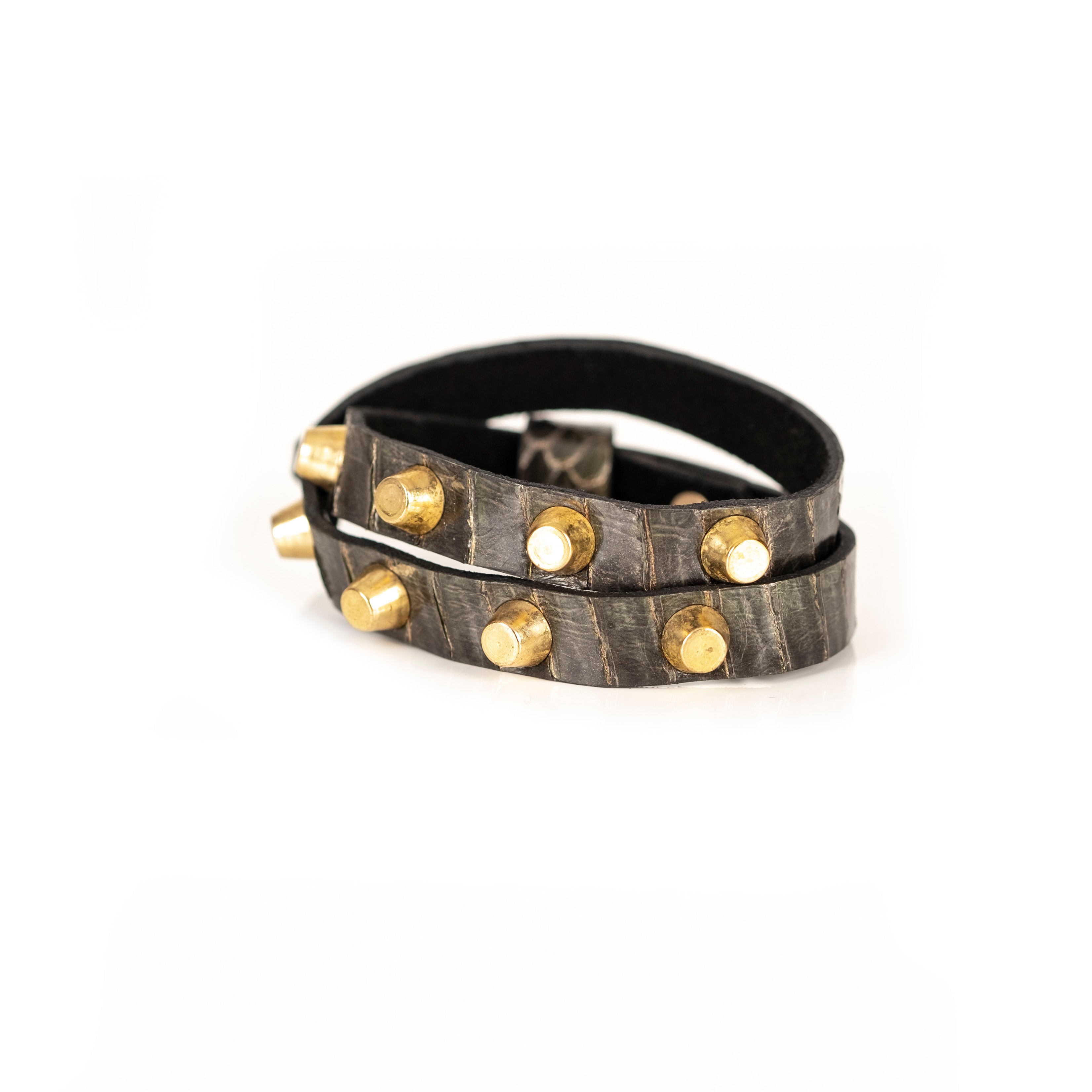 Black leather bracelet with metallic texture straps and gold cone studs, handmade statement bracelet by THE DARK