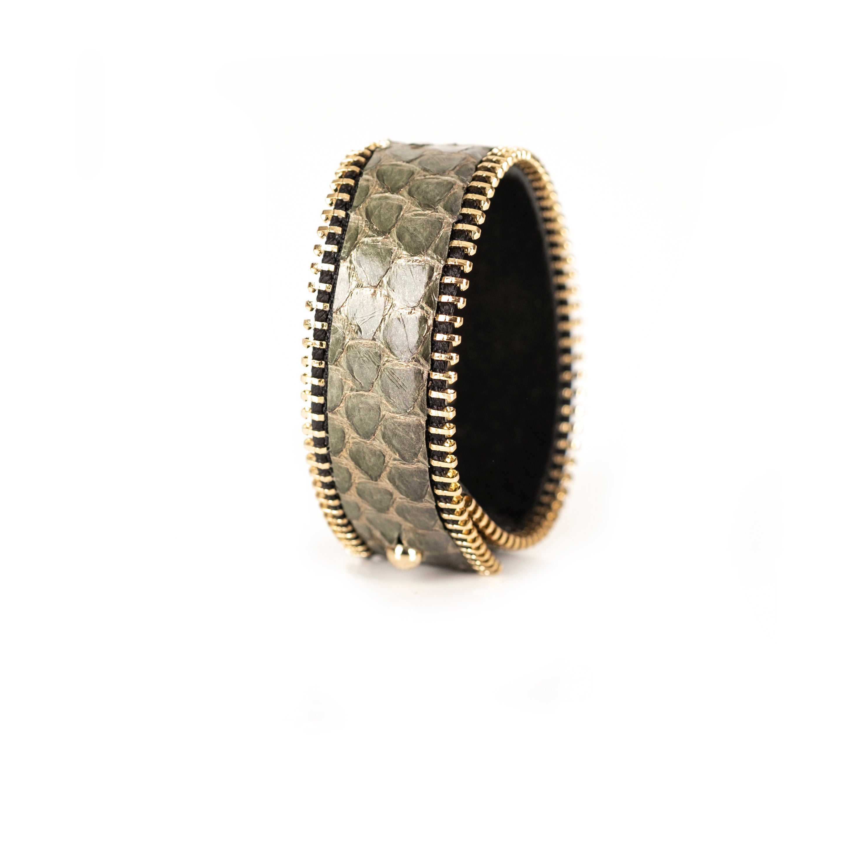 Olive python leather cuff bracelet with gold zipper edges, handmade exotic leather bracelet by THE DARK

