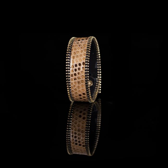Golden python leather wide cuff bracelet with gold stitched edge detail, handmade exotic leather statement bracelet for women by THE DARK
