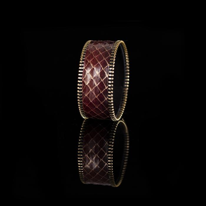 Rust python leather wide cuff bracelet with gold stitched edge detail, handmade exotic leather statement bracelet for women by THE DARK